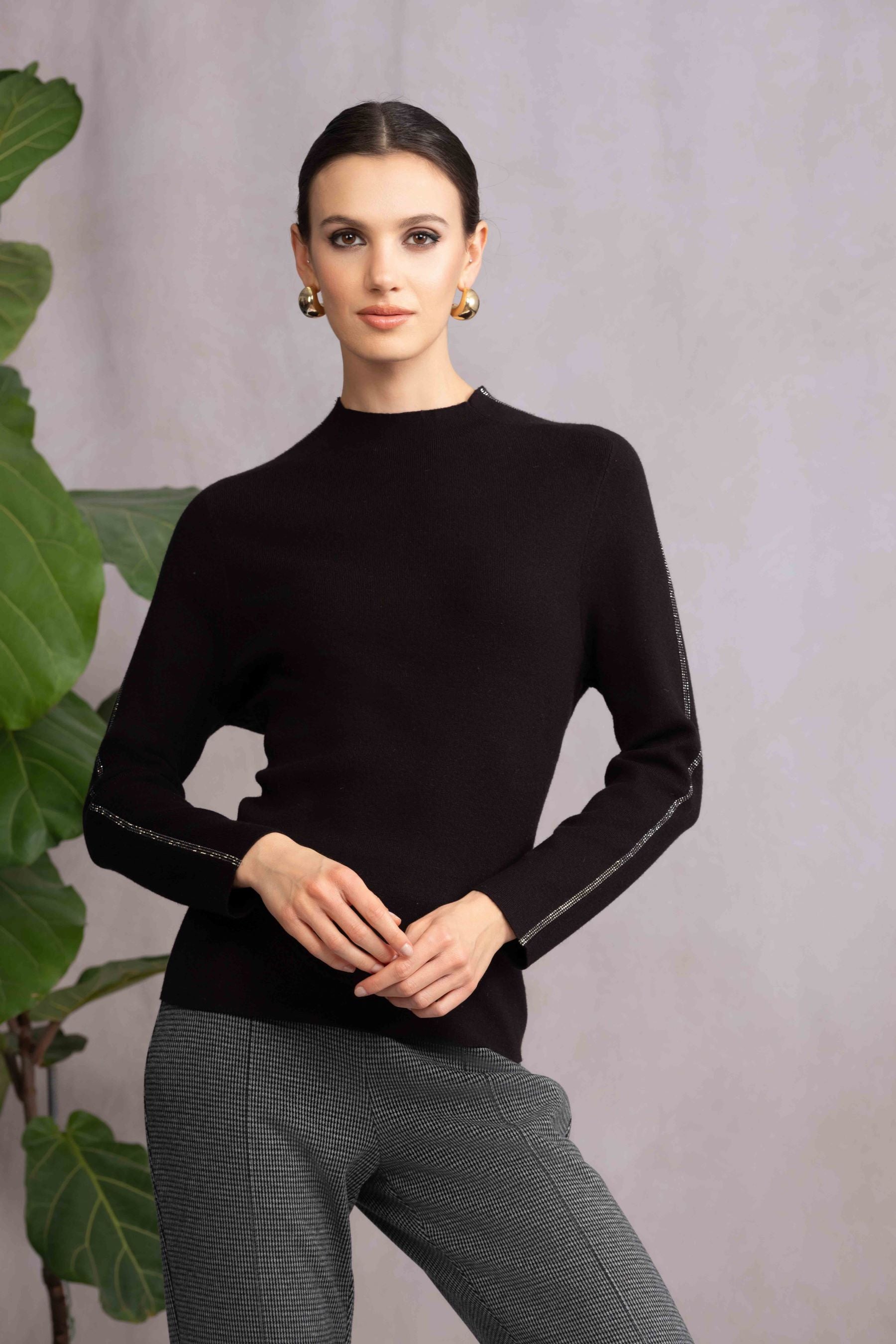 Stud Trim Mock Neck Pullover