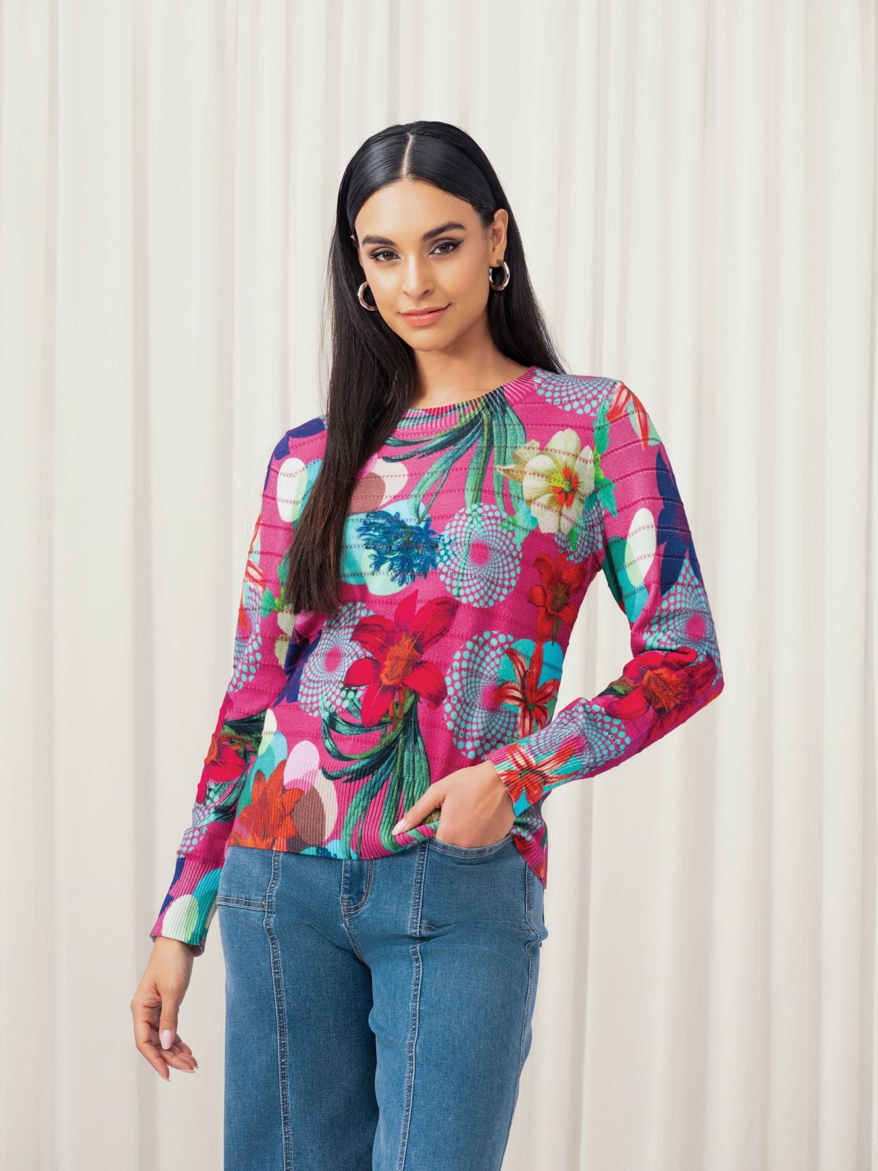 Floral Print Lurex Trim Pullover