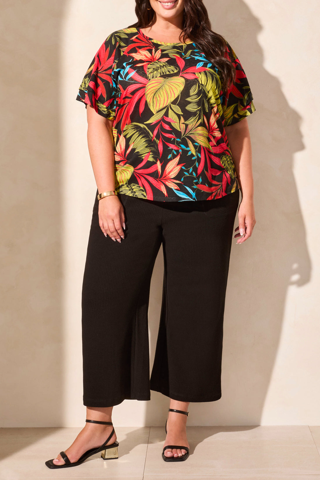 Tropical Print Linen Blend Top