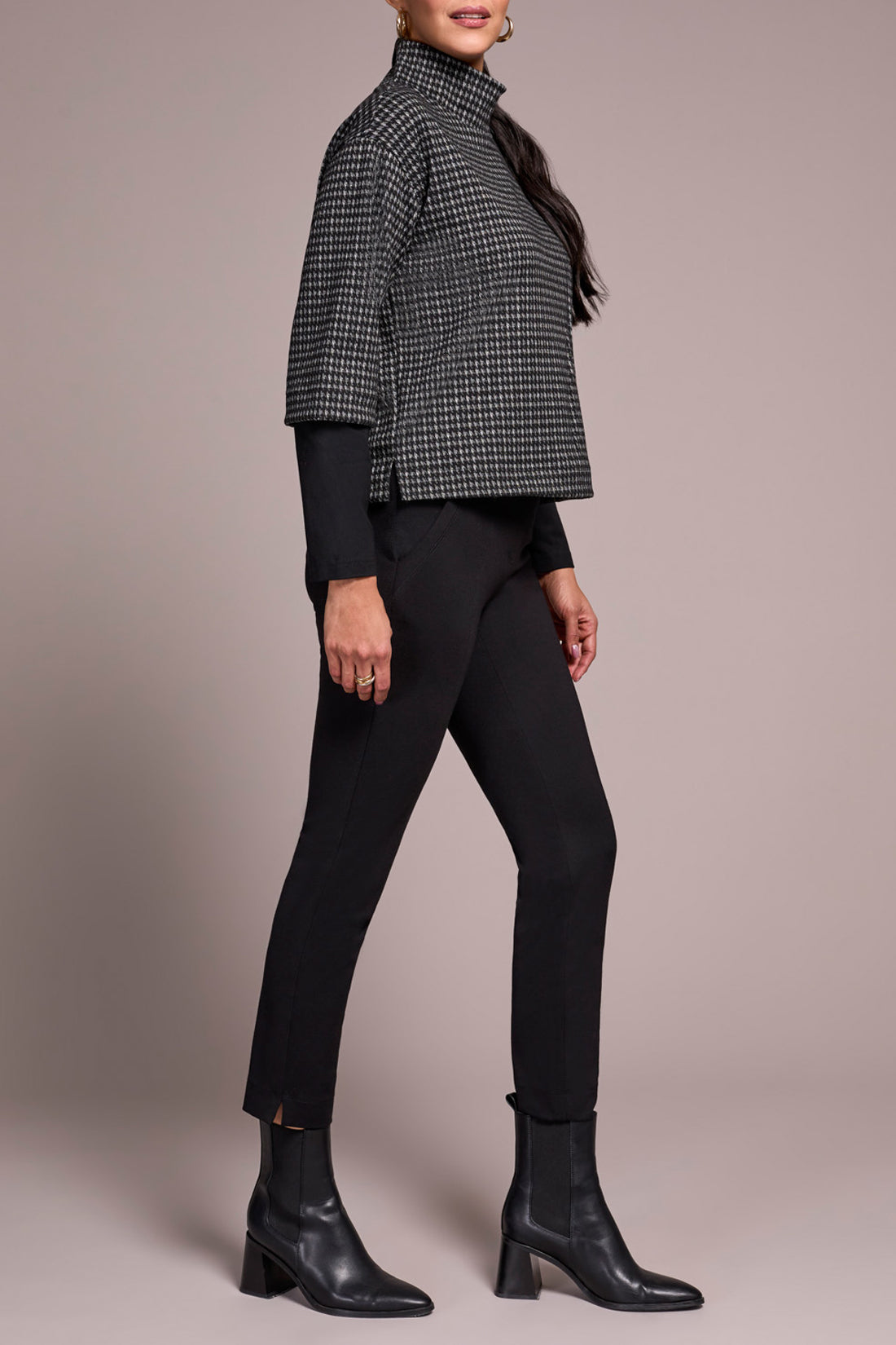 Houndstooth Print Mock Neck Top