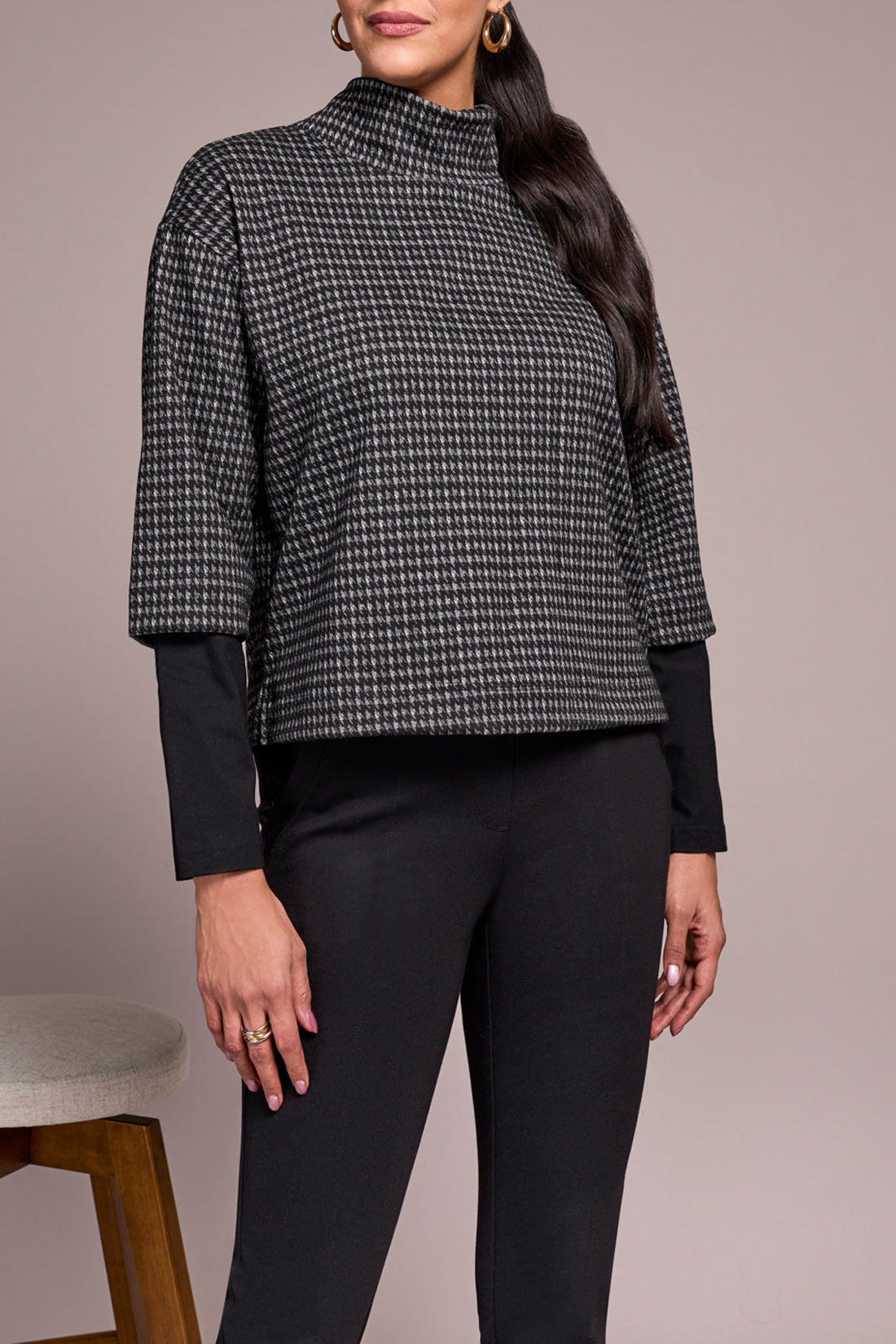 Houndstooth Print Mock Neck Top