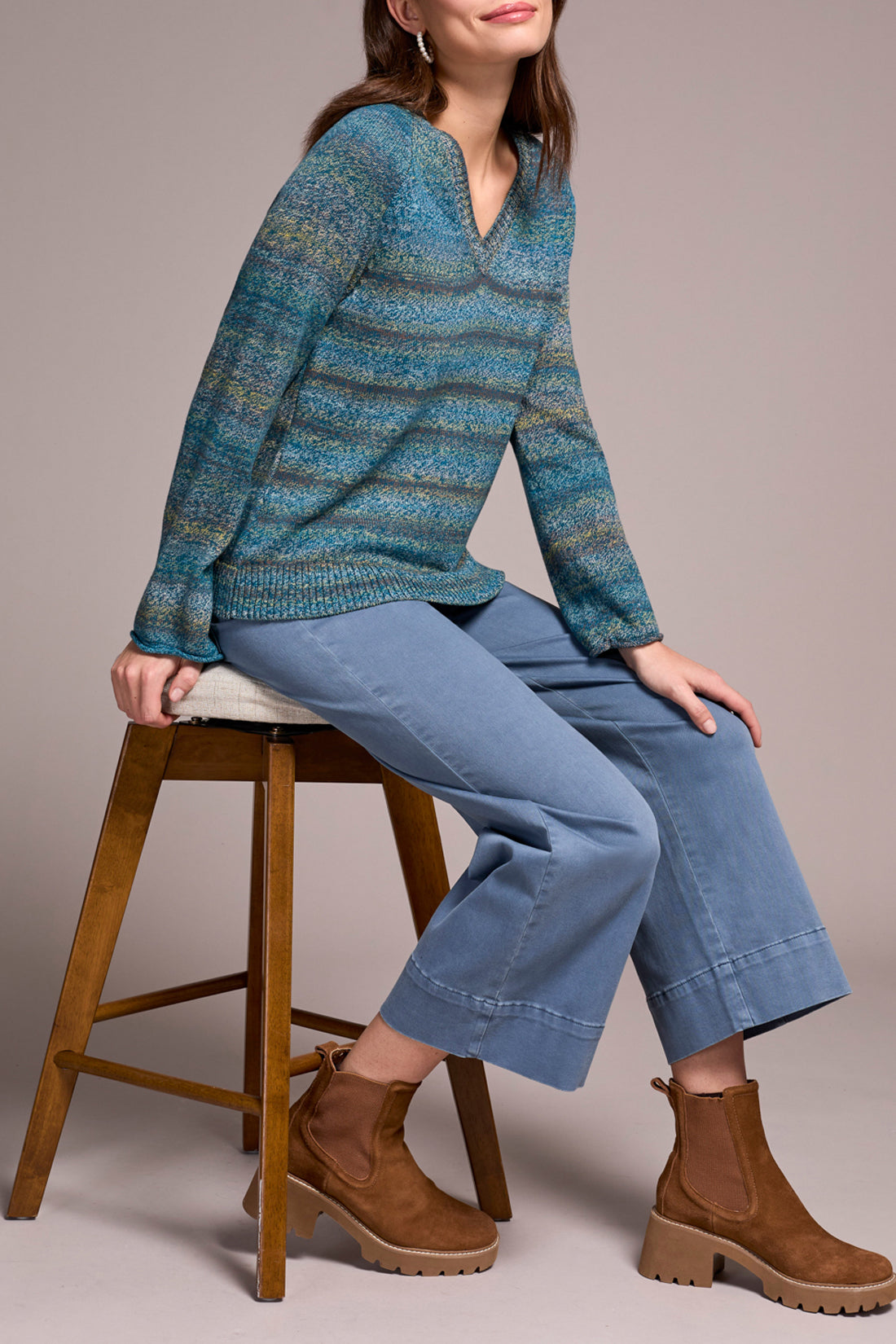 Stripe V-neck Cotton Pullover