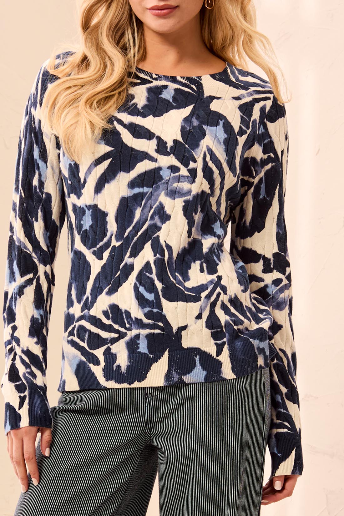 Abstract Print Cable Cotton Sweater