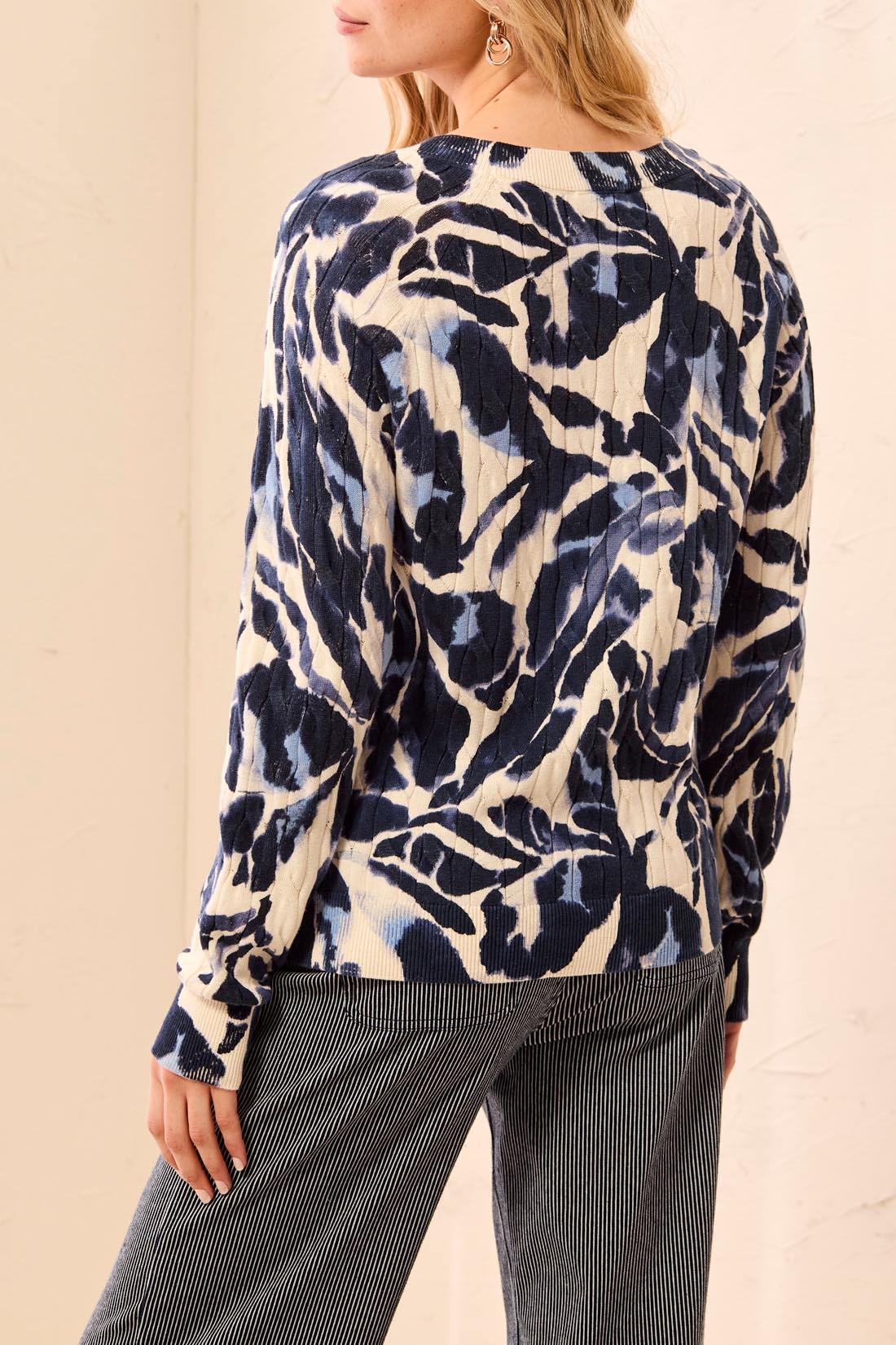 Abstract Print Cable Cotton Sweater