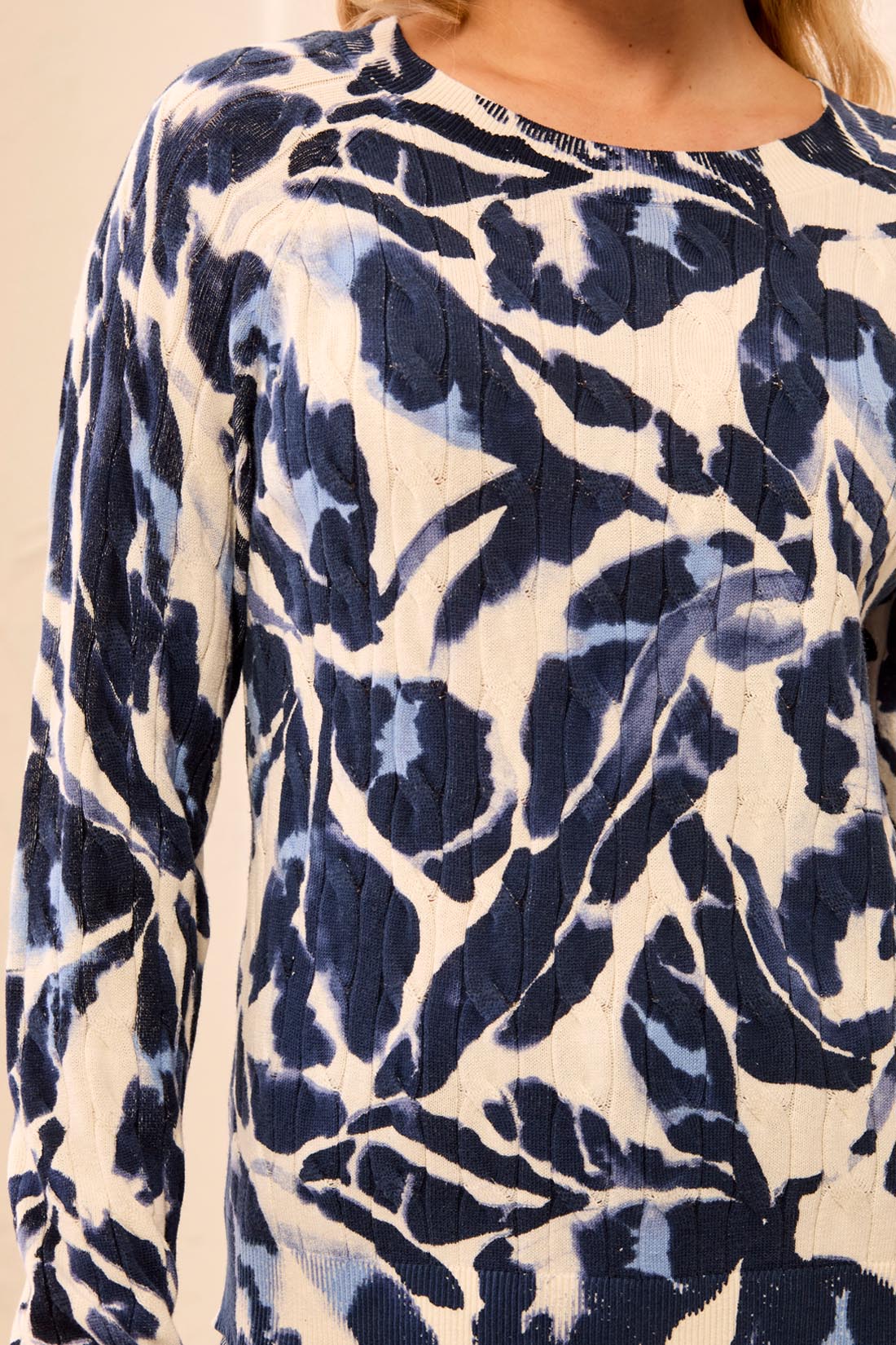 Abstract Print Cable Cotton Sweater