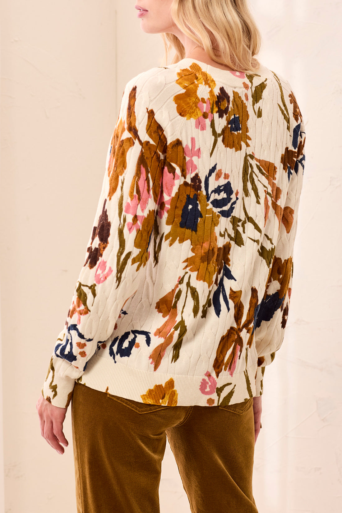 Floral Print Cable Cotton Sweater