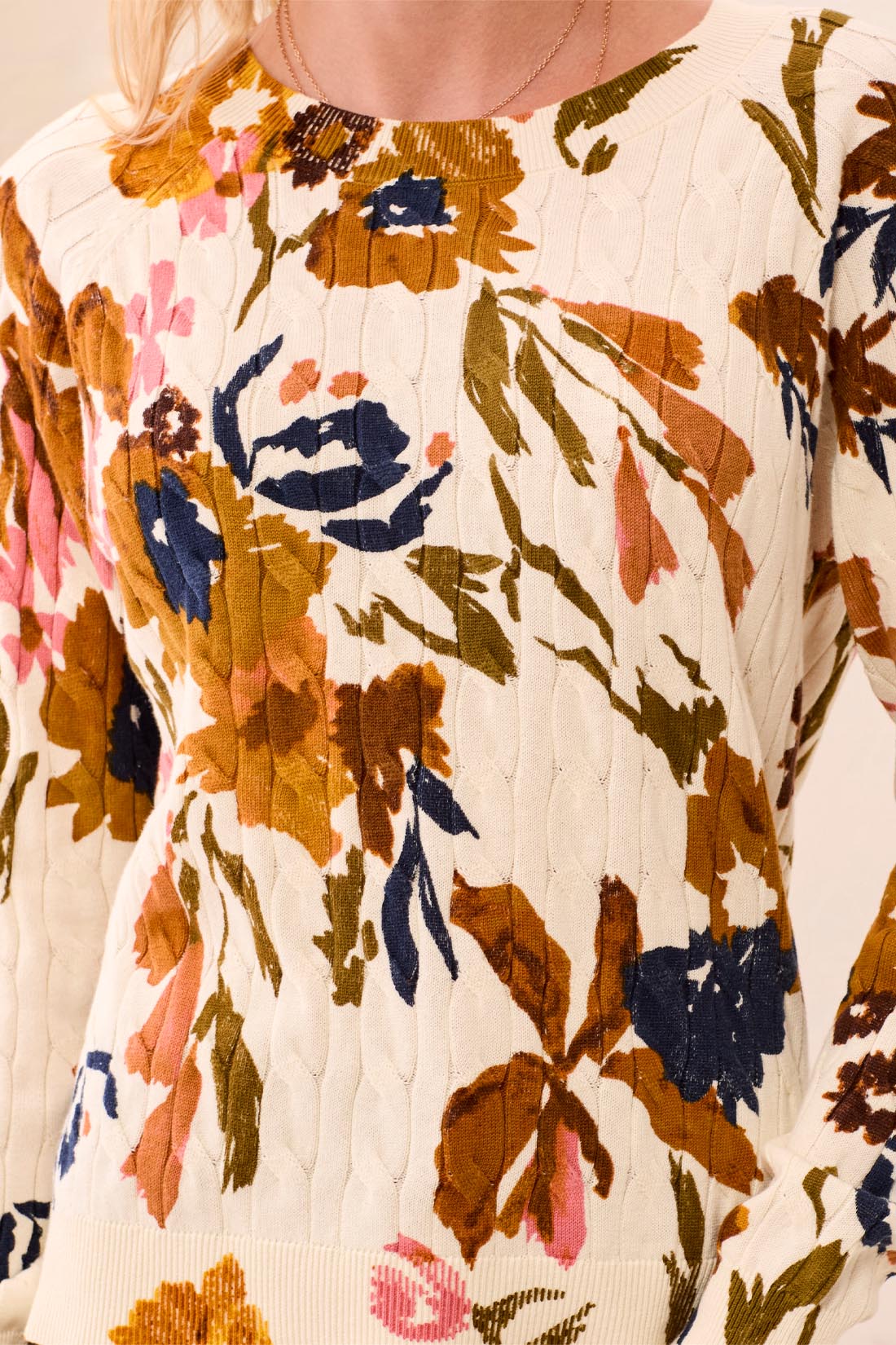 Floral Print Cable Cotton Sweater
