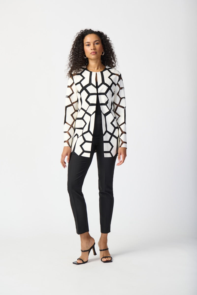 Geometric Faux Leather Applique Mesh Jacket