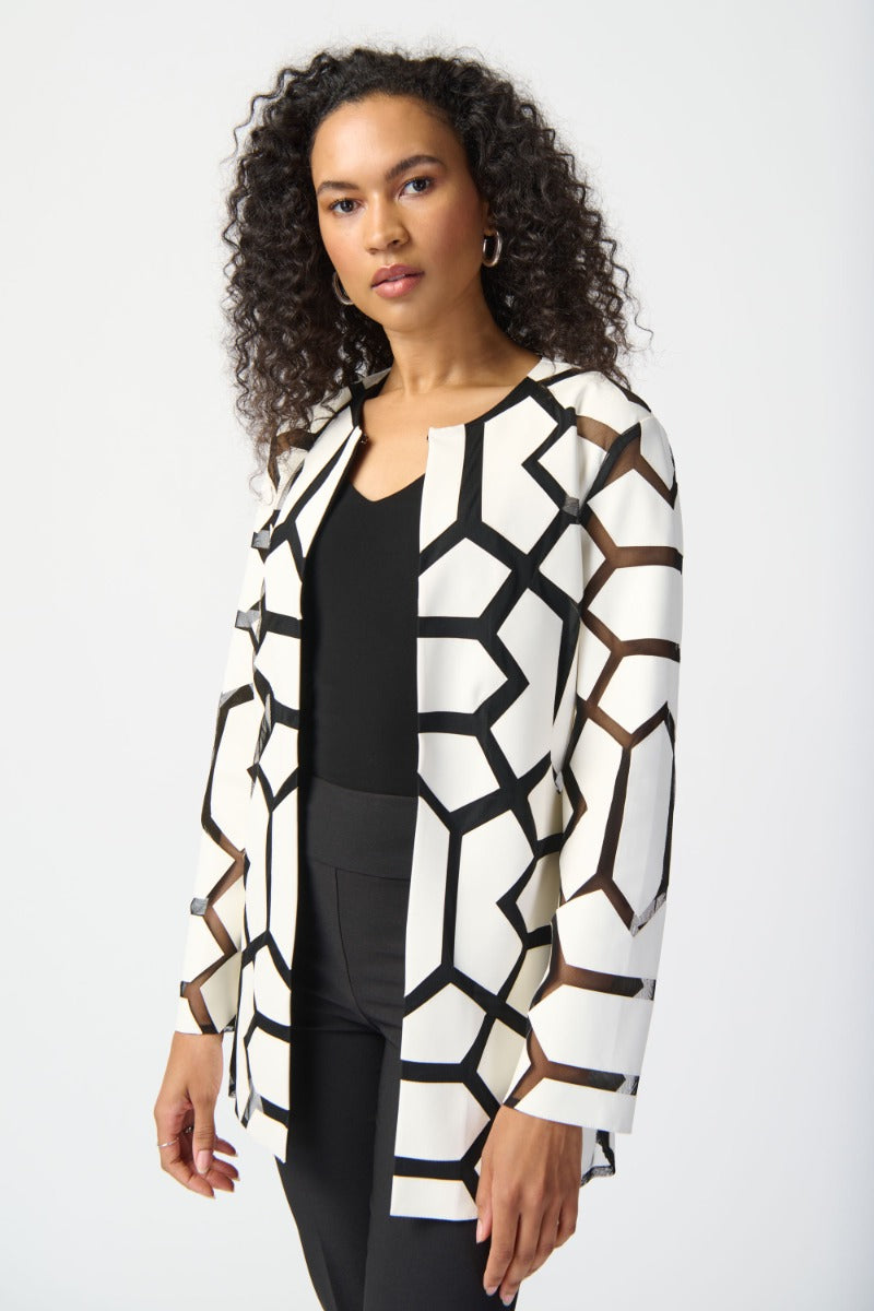 Geometric Faux Leather Applique Mesh Jacket