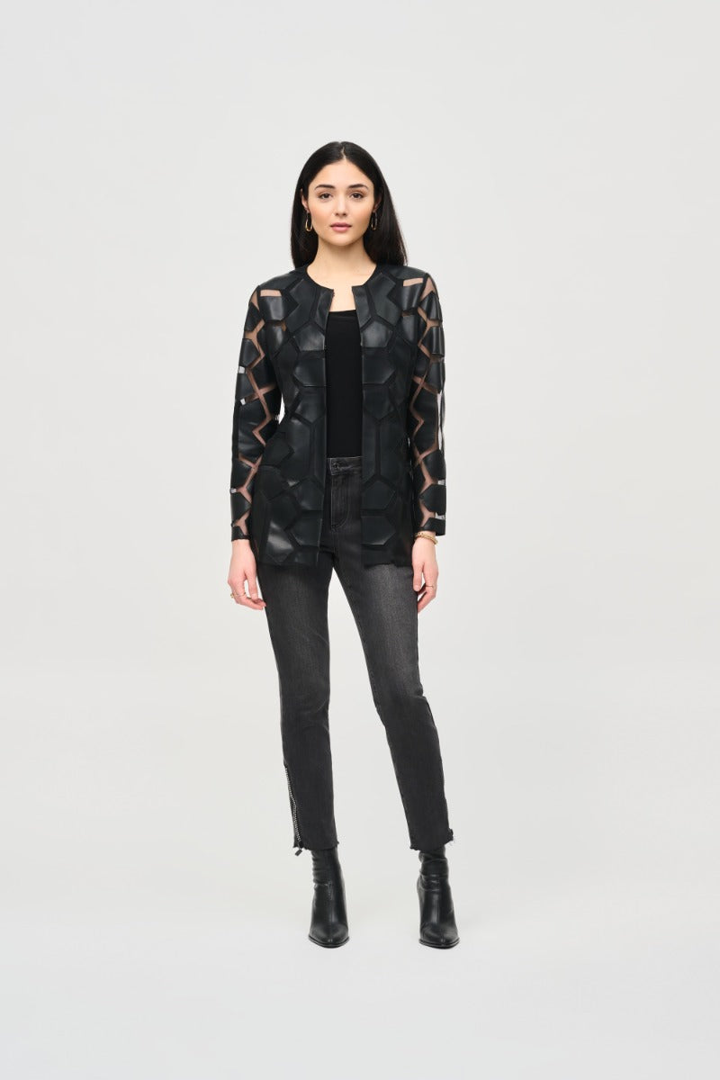 Geometric Faux Leather Applique Mesh Jacket