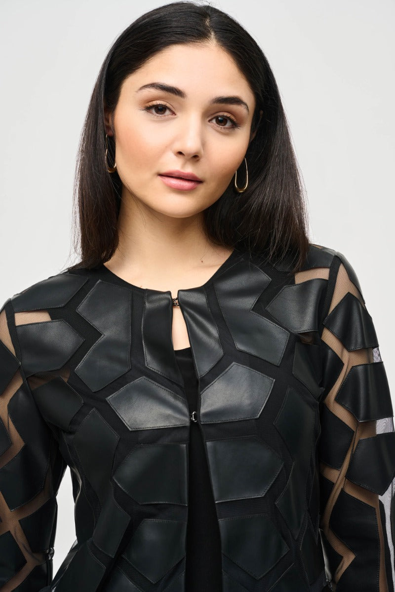 Geometric Faux Leather Applique Mesh Jacket