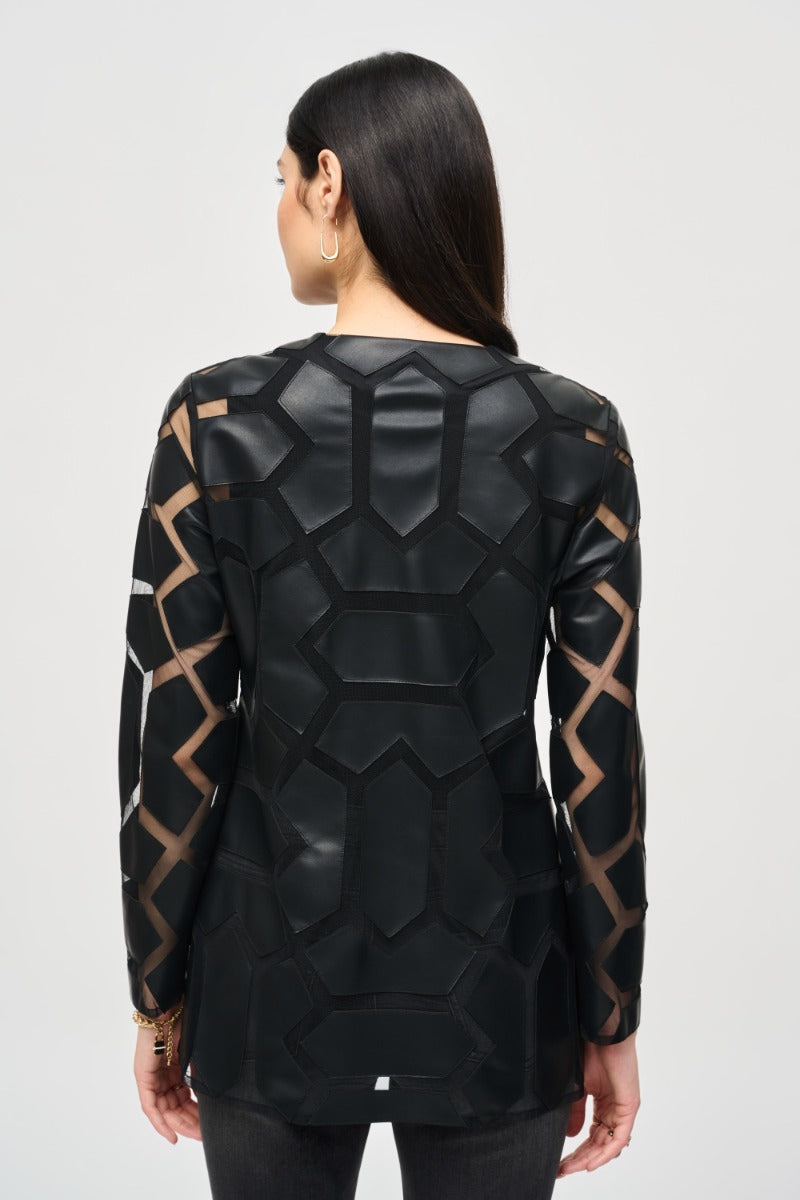 Geometric Faux Leather Applique Mesh Jacket