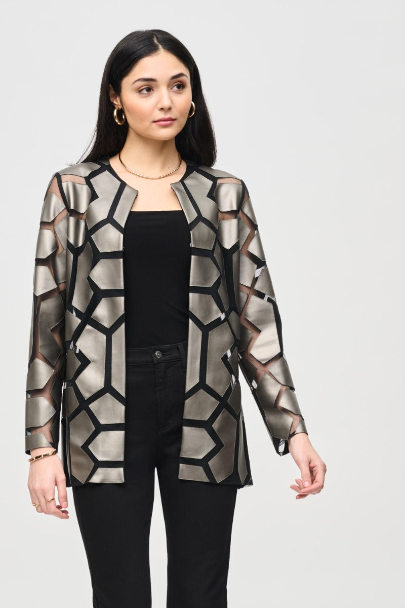 Geometric Faux Leather Applique Mesh Jacket