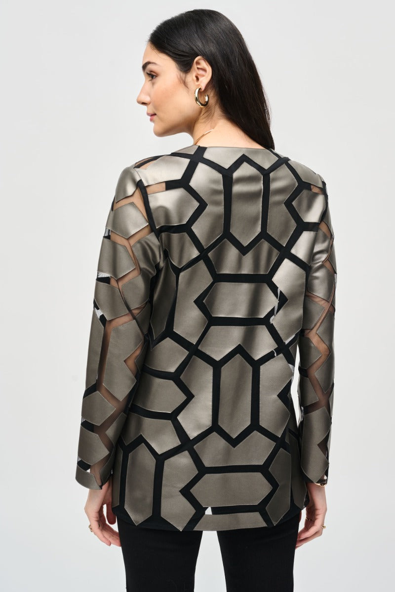 Geometric Faux Leather Applique Mesh Jacket