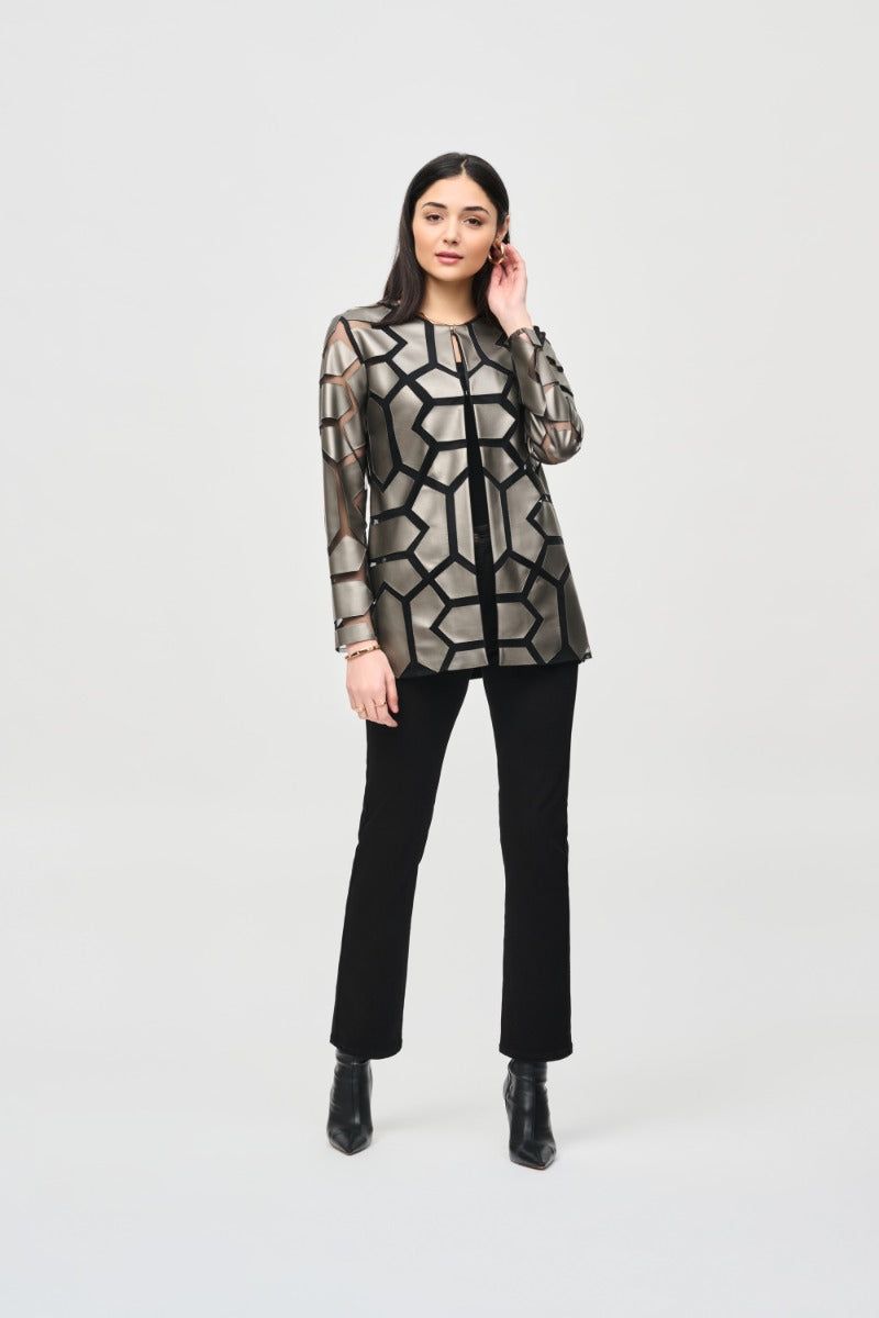 Geometric Faux Leather Applique Mesh Jacket