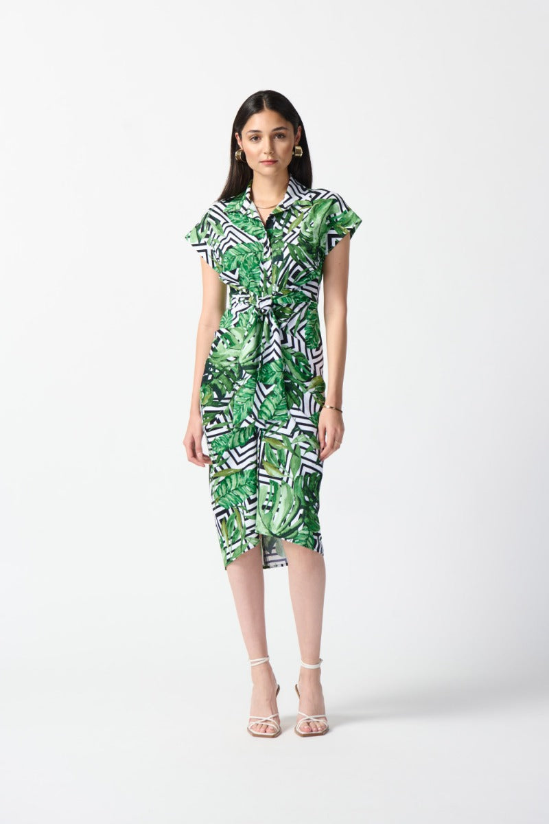 Leaf Print Tie Front Shirt Dress