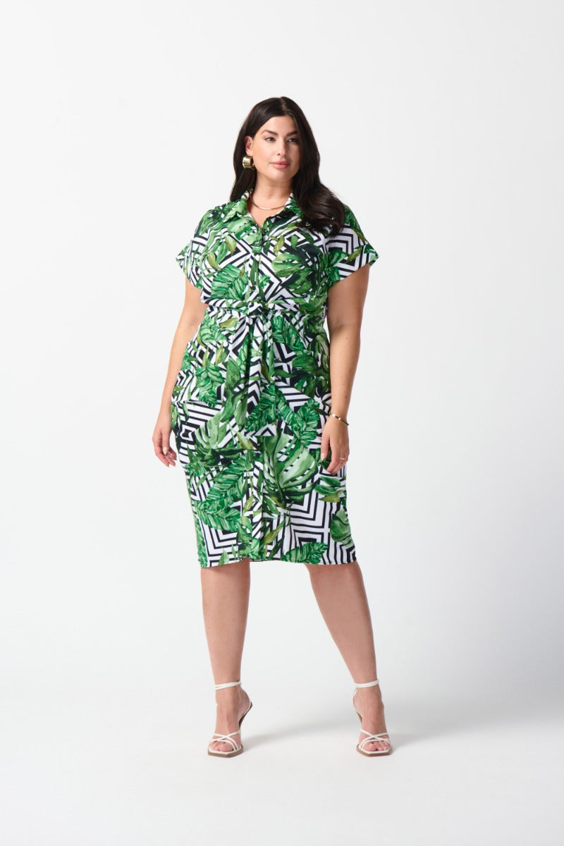 Leaf Print Tie Front Shirt Dress