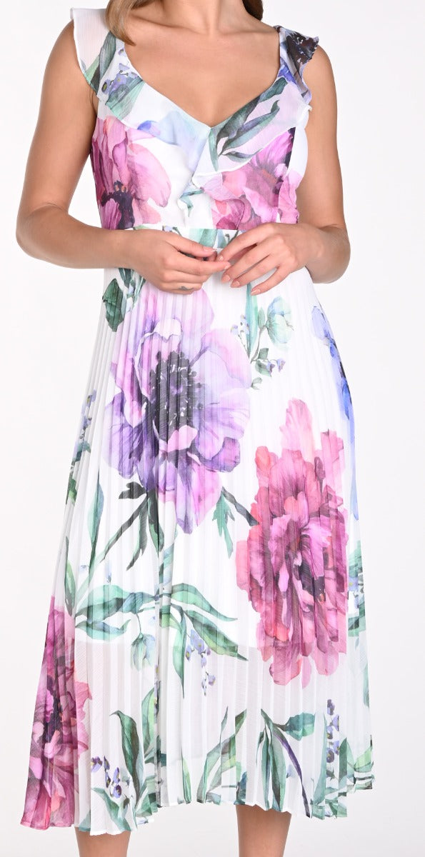 Ruffle Front Floral Pleated Midi Dress