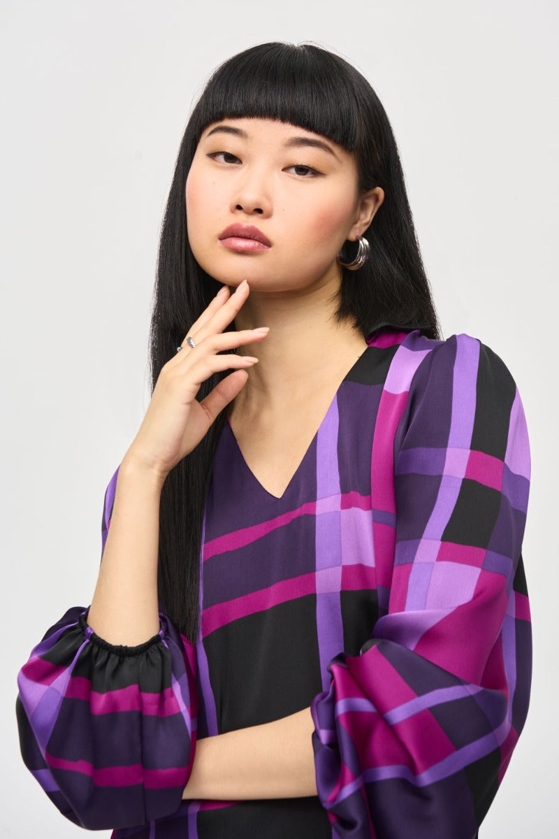 Check Print Satin Shirt Collar Top