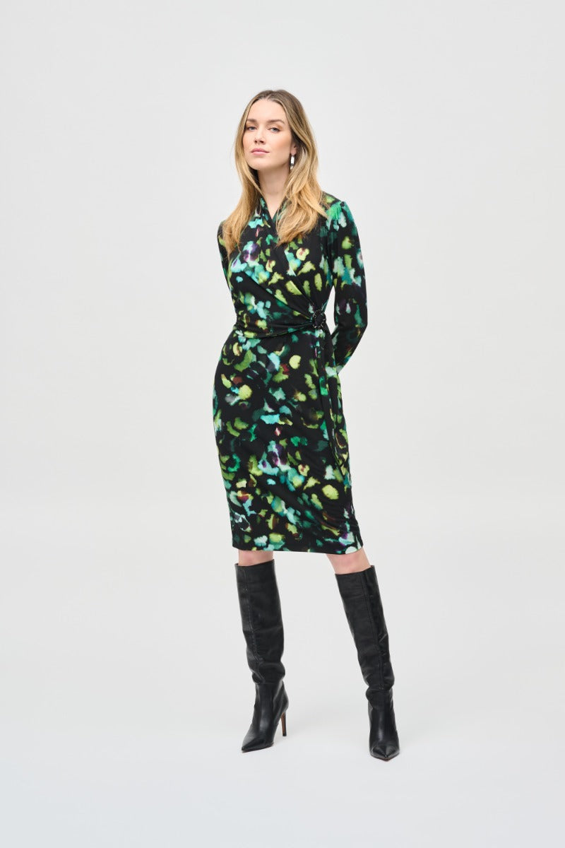 Abstract Print Wrap Side Buckle Dress