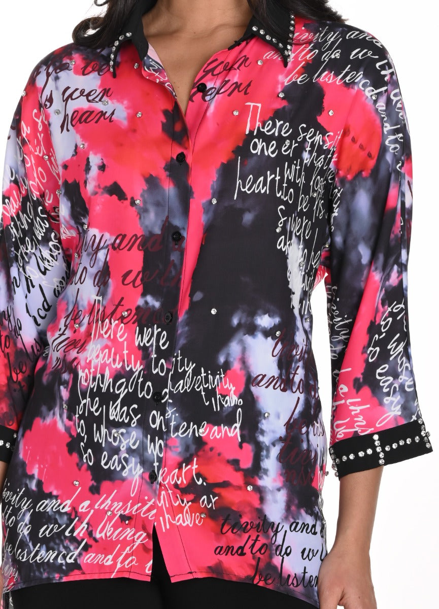 Abstract Print Rhinestone Trim Shirt