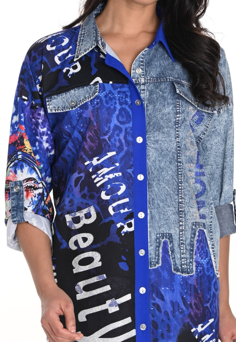 Patchwork Abstract Print Sequin Denim Shirt