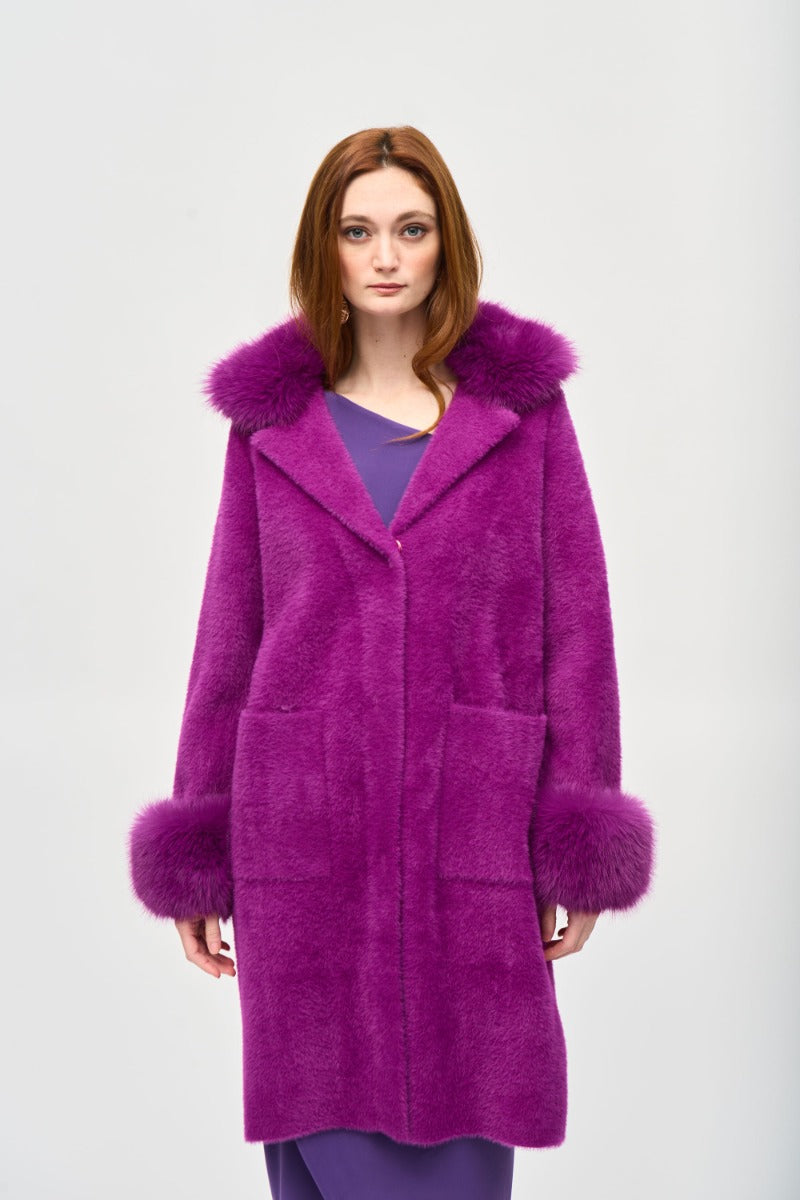 Faux Fur Trim Eyelash Knit Coat