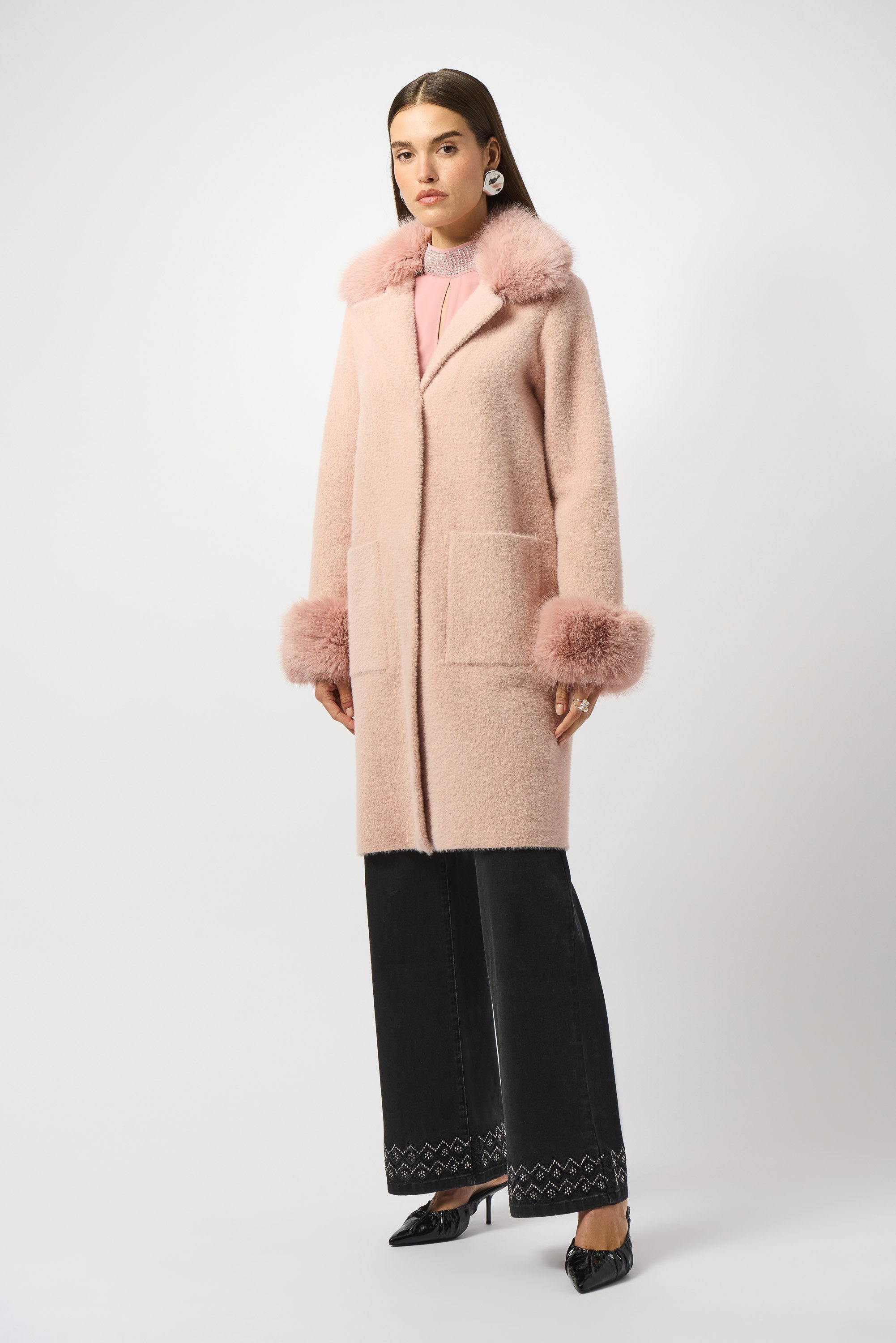 Faux Fur Trim Eyelash Knit Coat