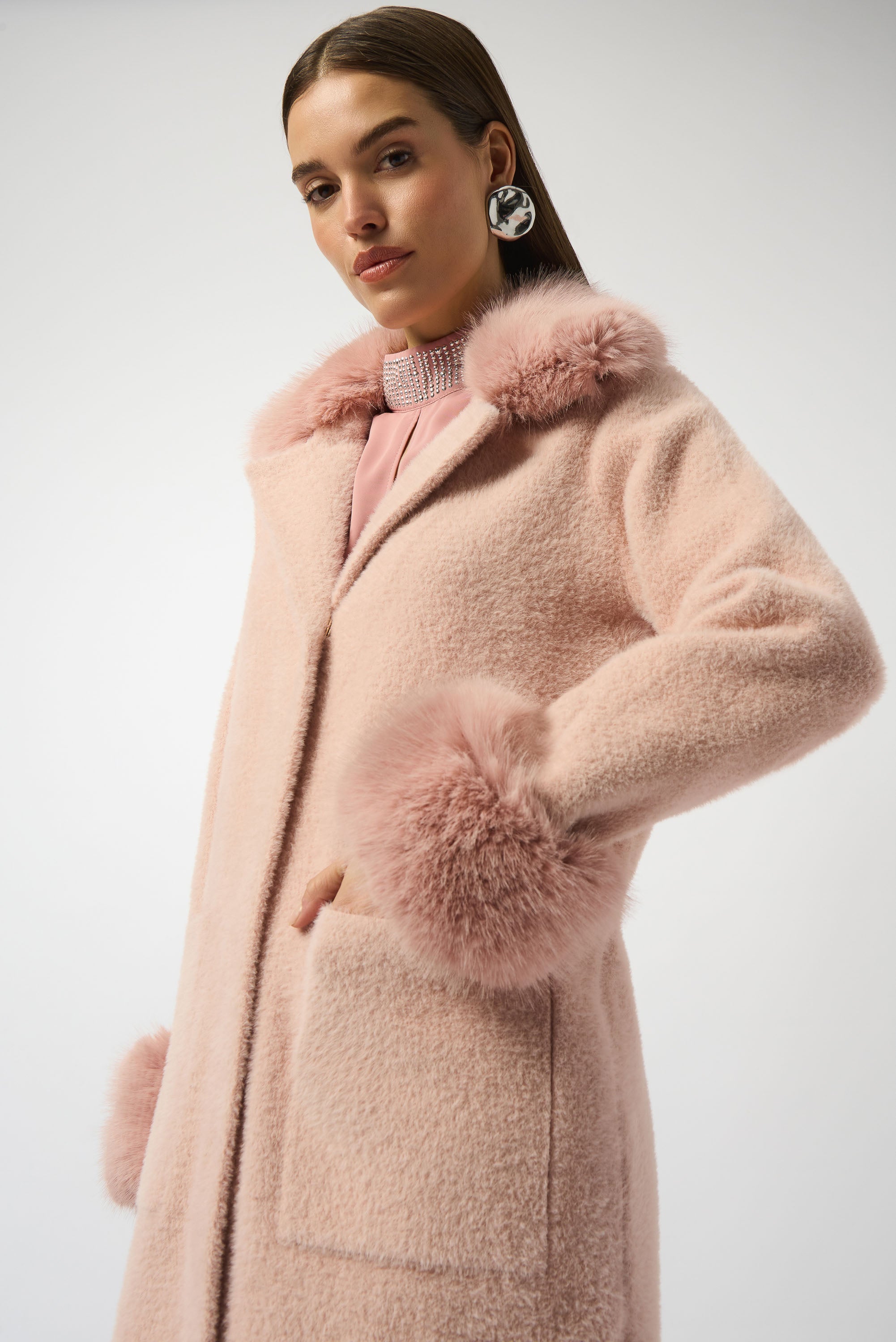 Faux Fur Trim Eyelash Knit Coat