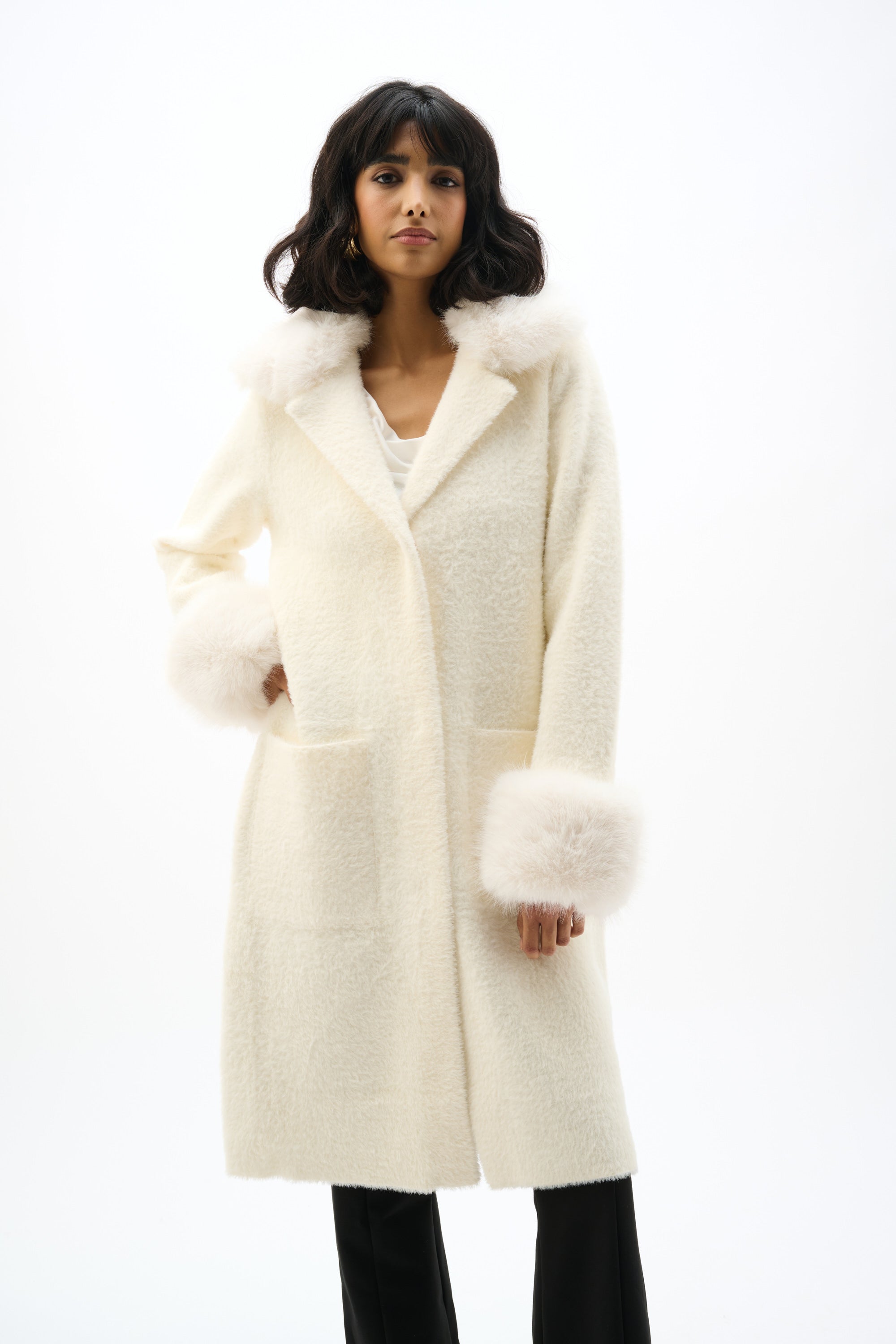 Faux Fur Trim Eyelash Knit Coat