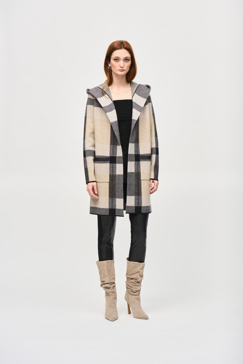 Plaid Print Hooded Knit Jacket