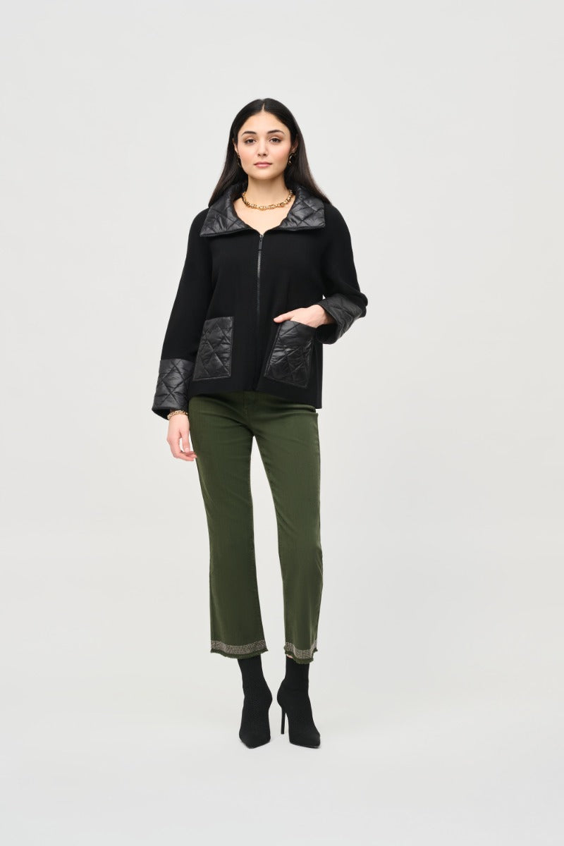 Quilt Trim Zip Front Knit Jacket