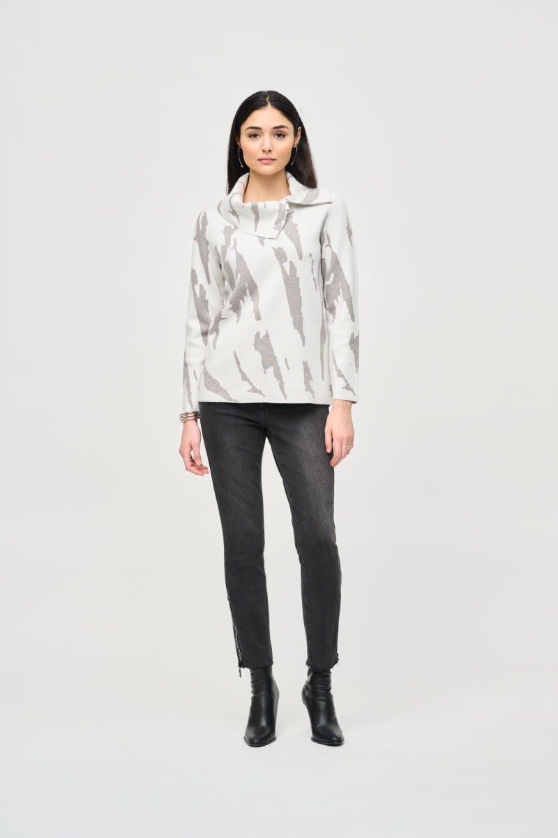 Abstract Print Zip Cowl Neck Top