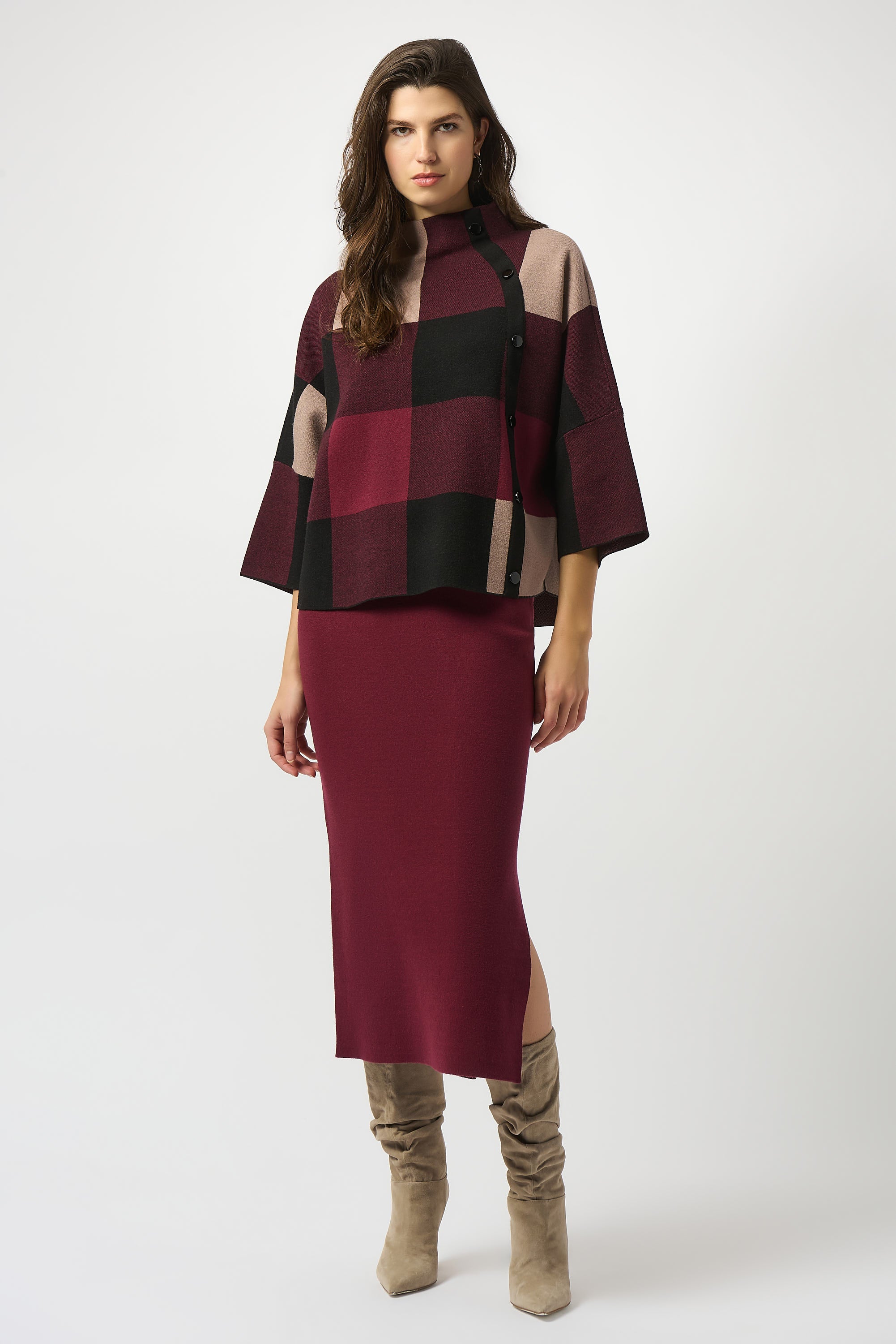 Plaid Knit Funnel Neck Top