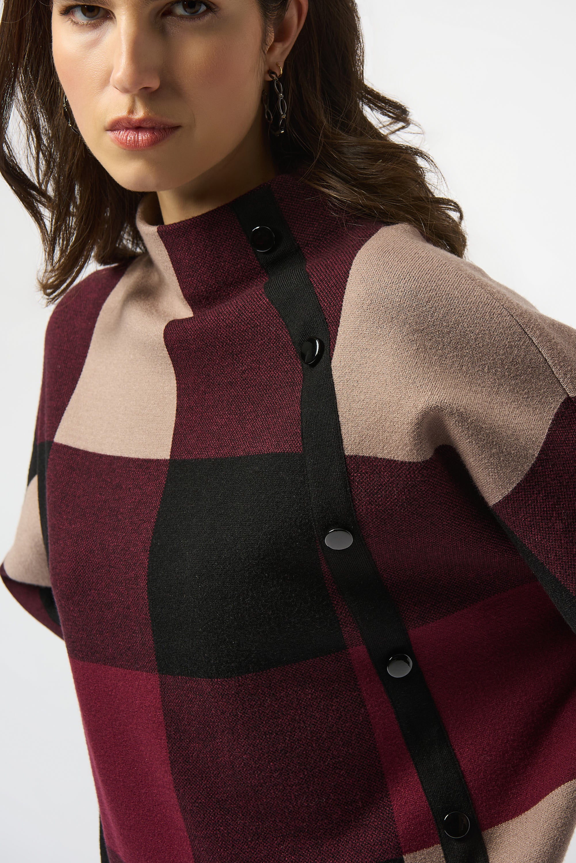 Plaid Knit Funnel Neck Top