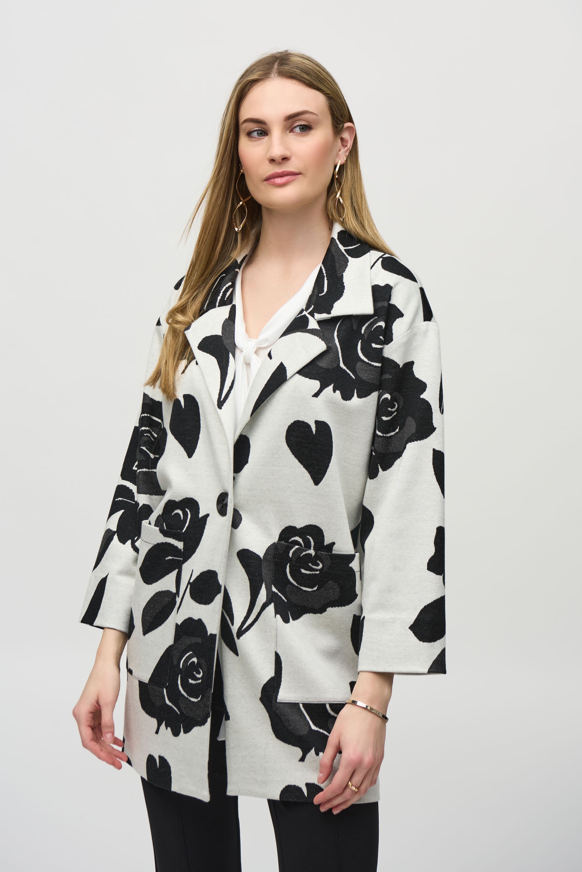 Floral Print Notch Collar Knit Coat