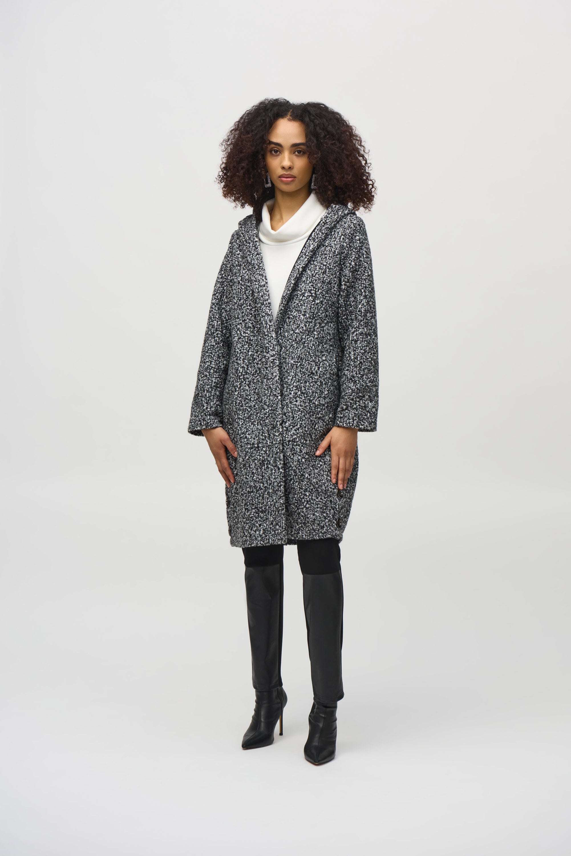 Boucle Zip Front Hood Coat