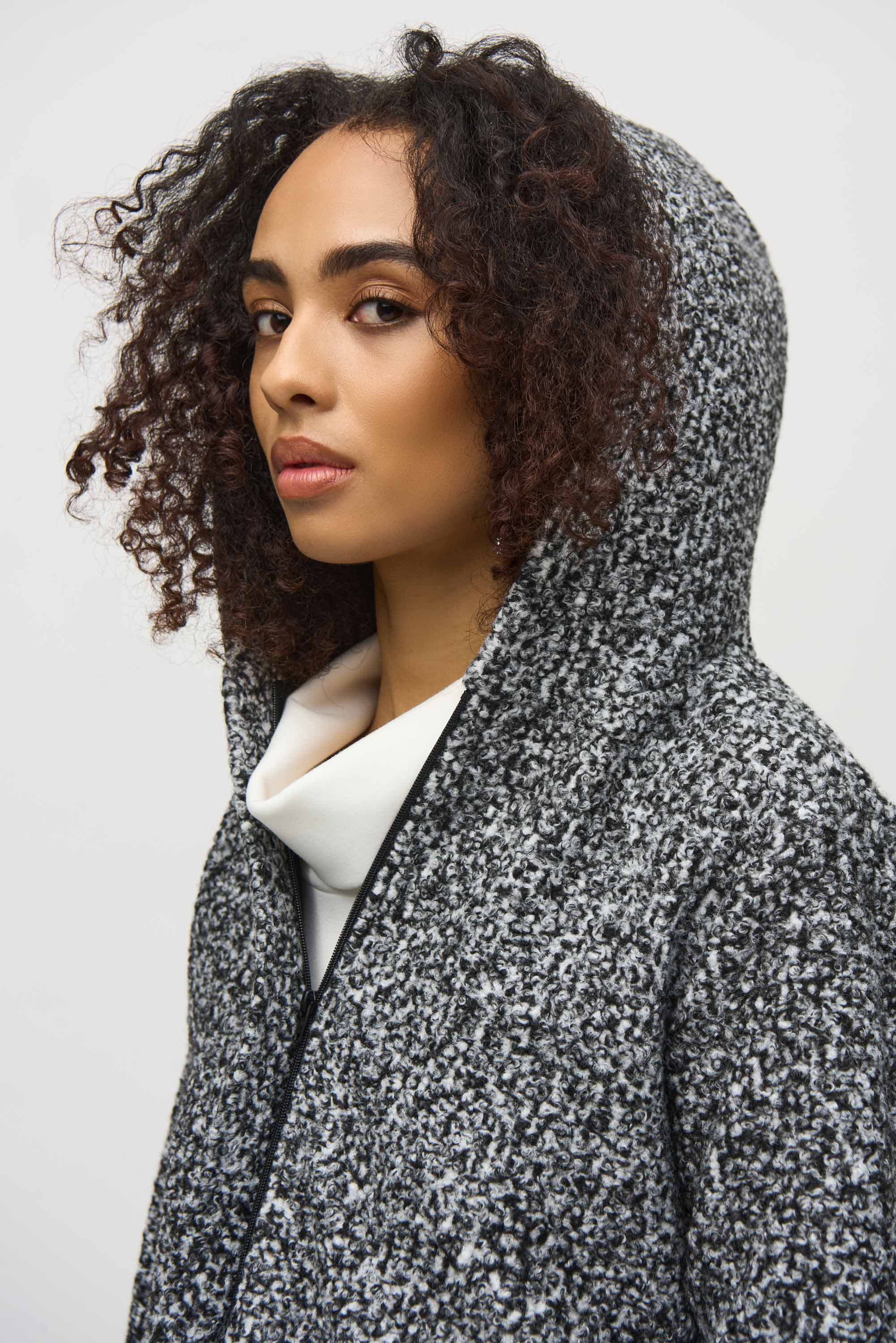 Boucle Zip Front Hood Coat