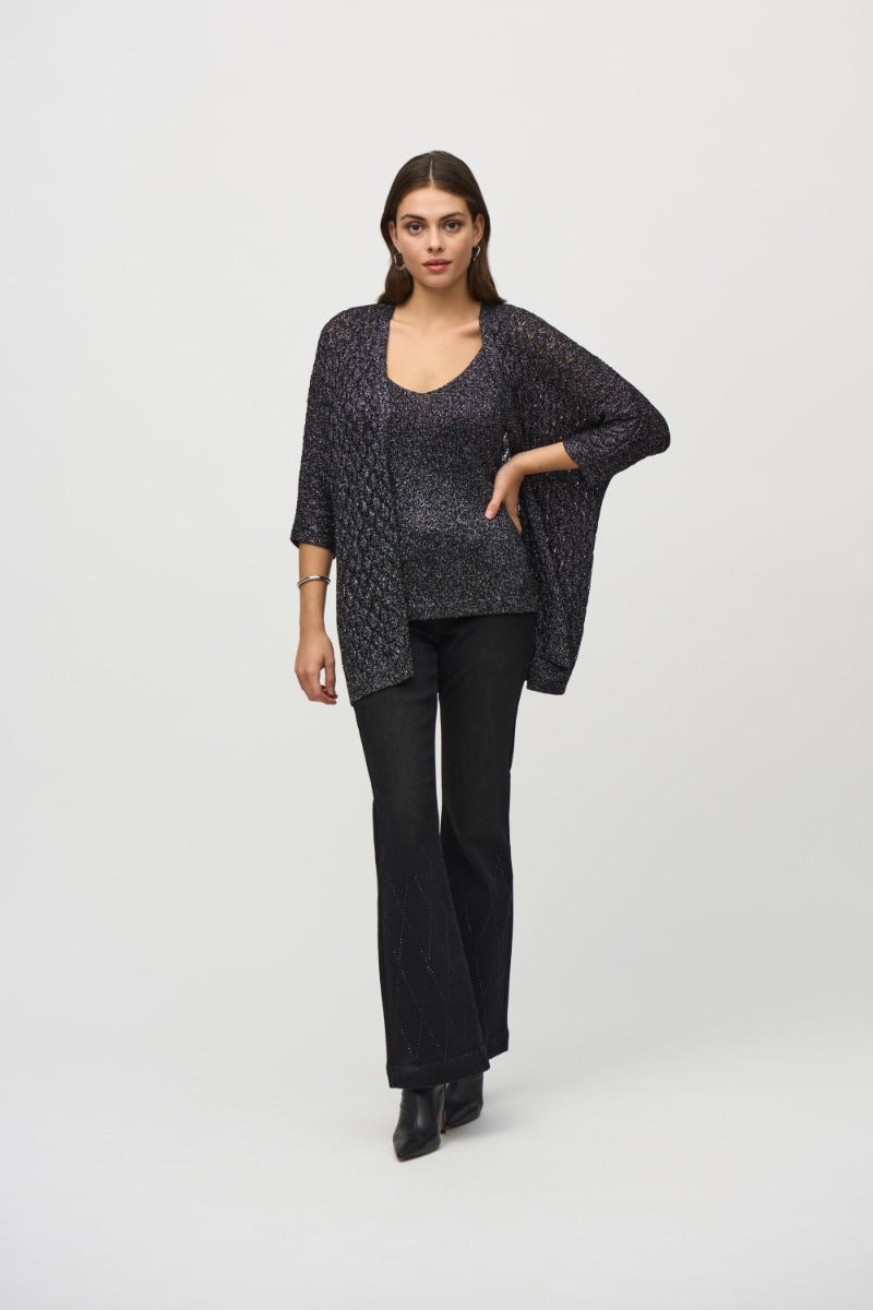 2 Piece Lurex Pointelle Knit Cardigan with Tank Top