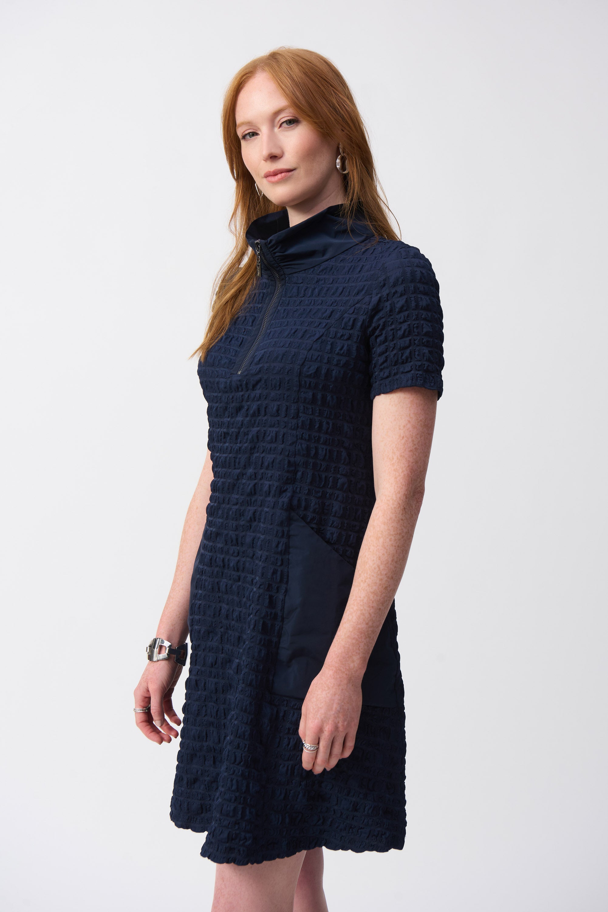 Waffle Jacquard Zip Collar Dress