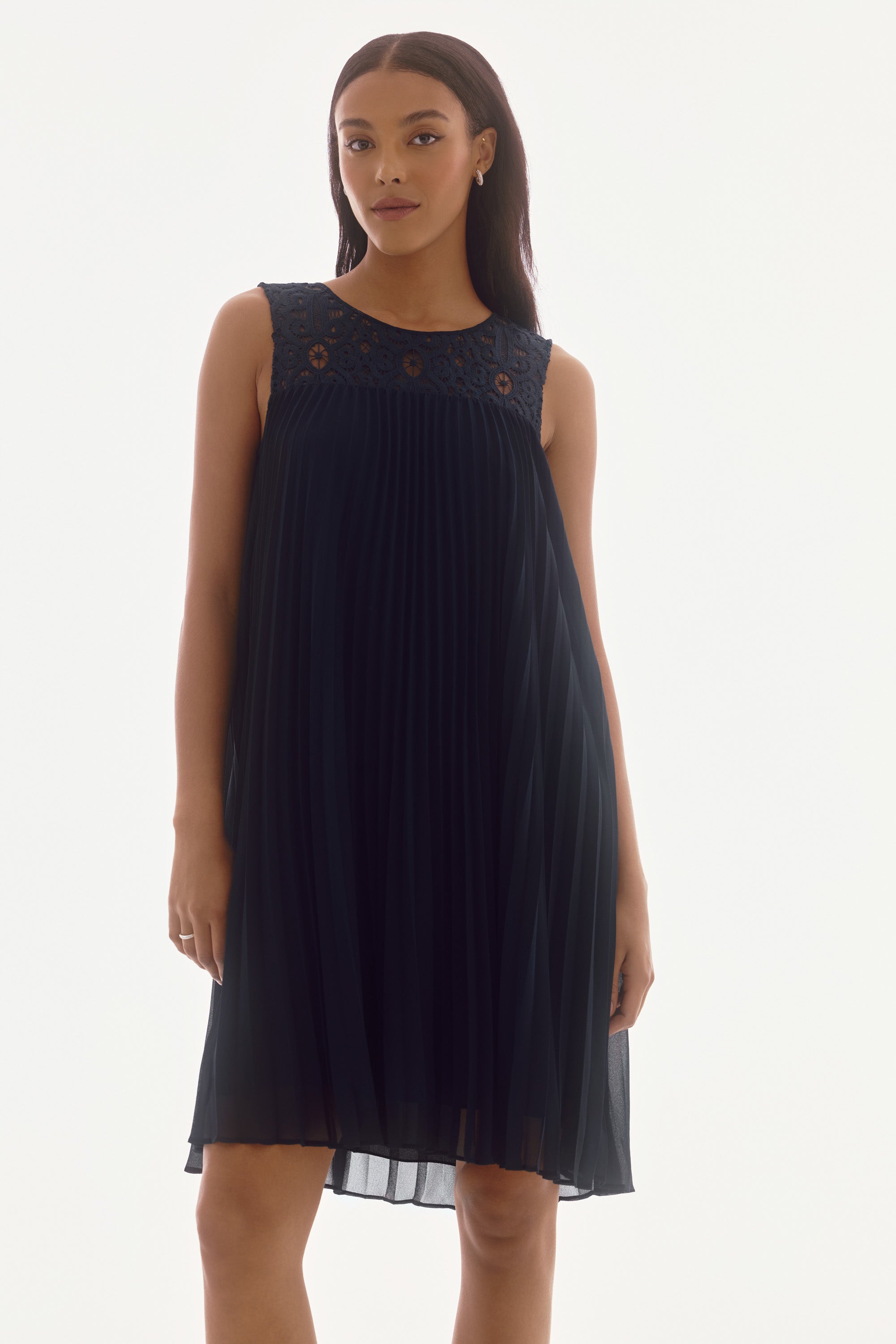 Lace Yoke Pleated Dress