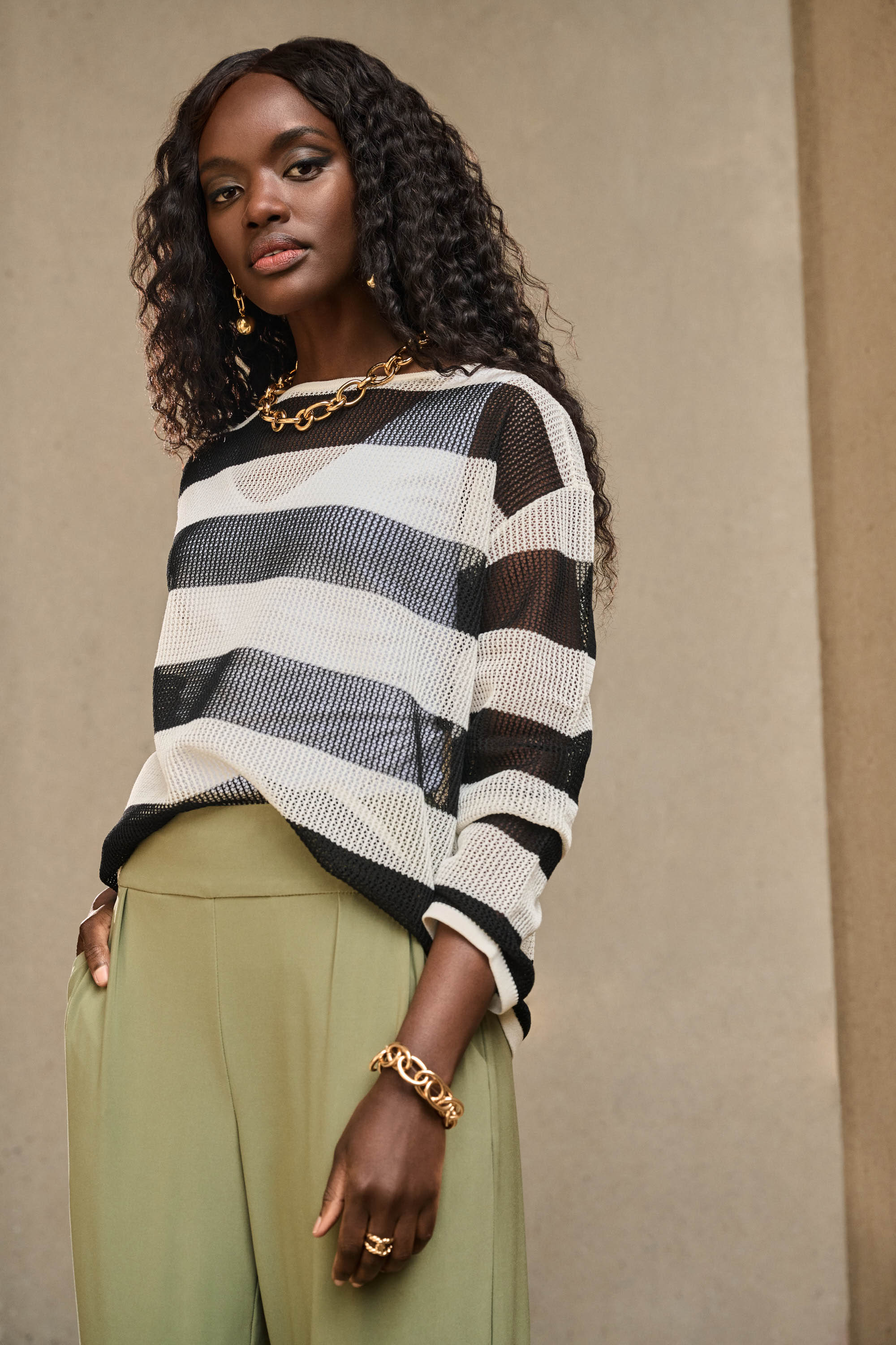 Stripe Crochet Knit Pullover