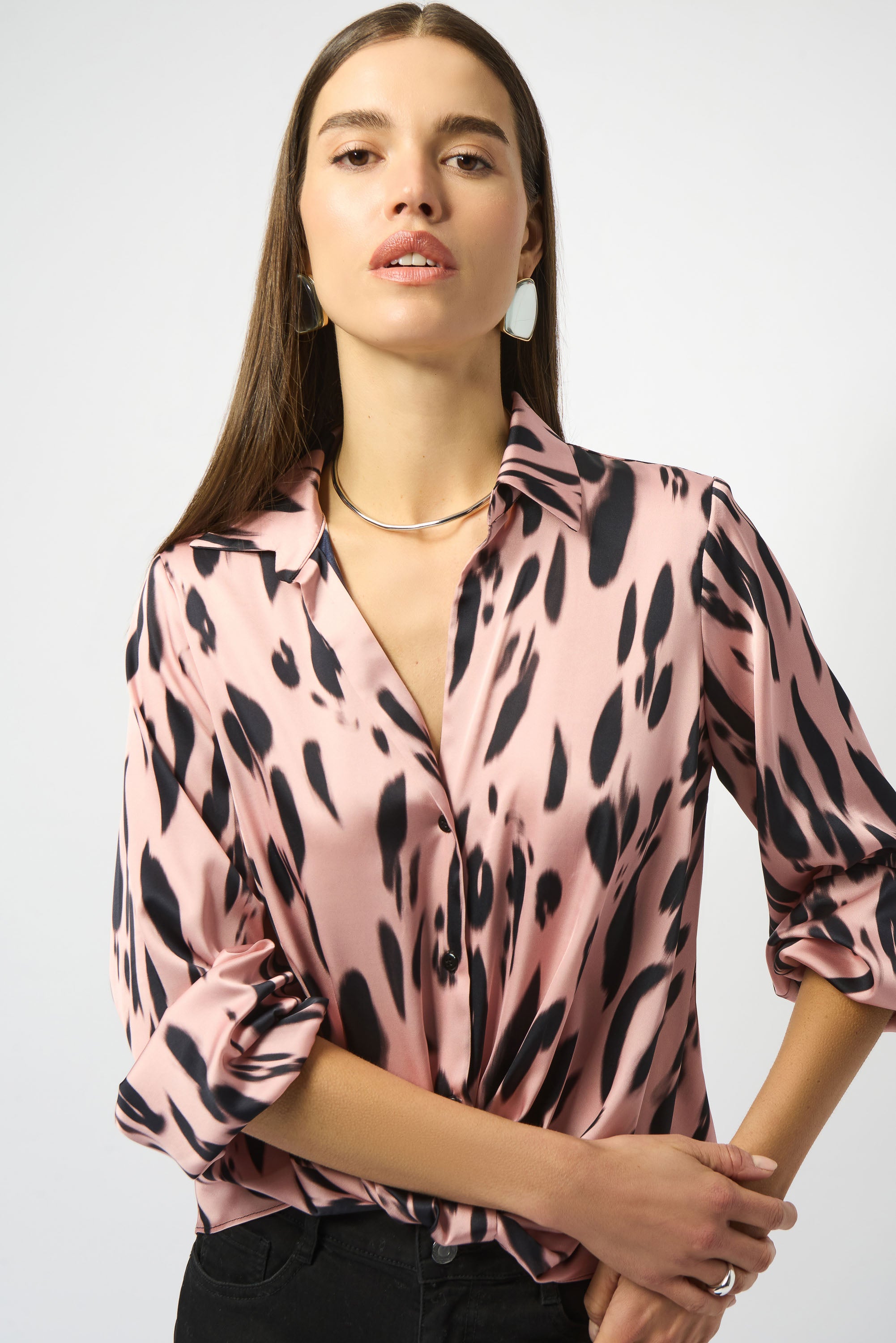 Animal Print Shirt Collar SatinTop