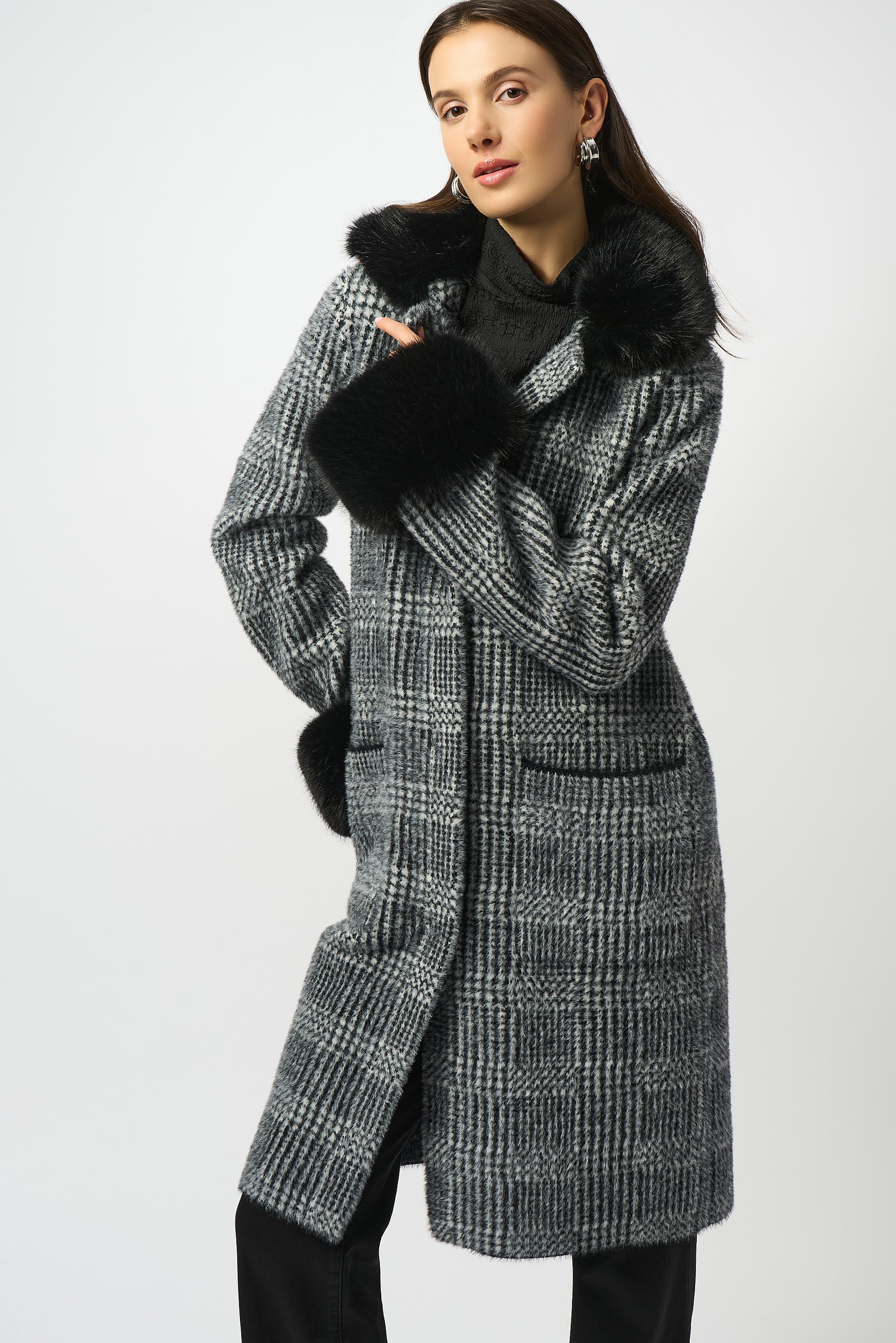Plaid Knit Faux Fur Trim Coat