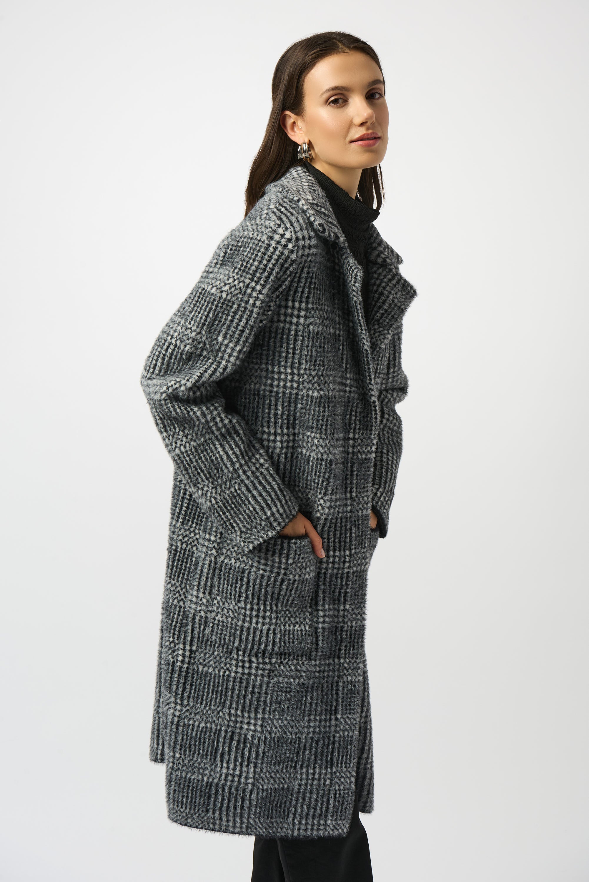 Plaid Knit Faux Fur Trim Coat