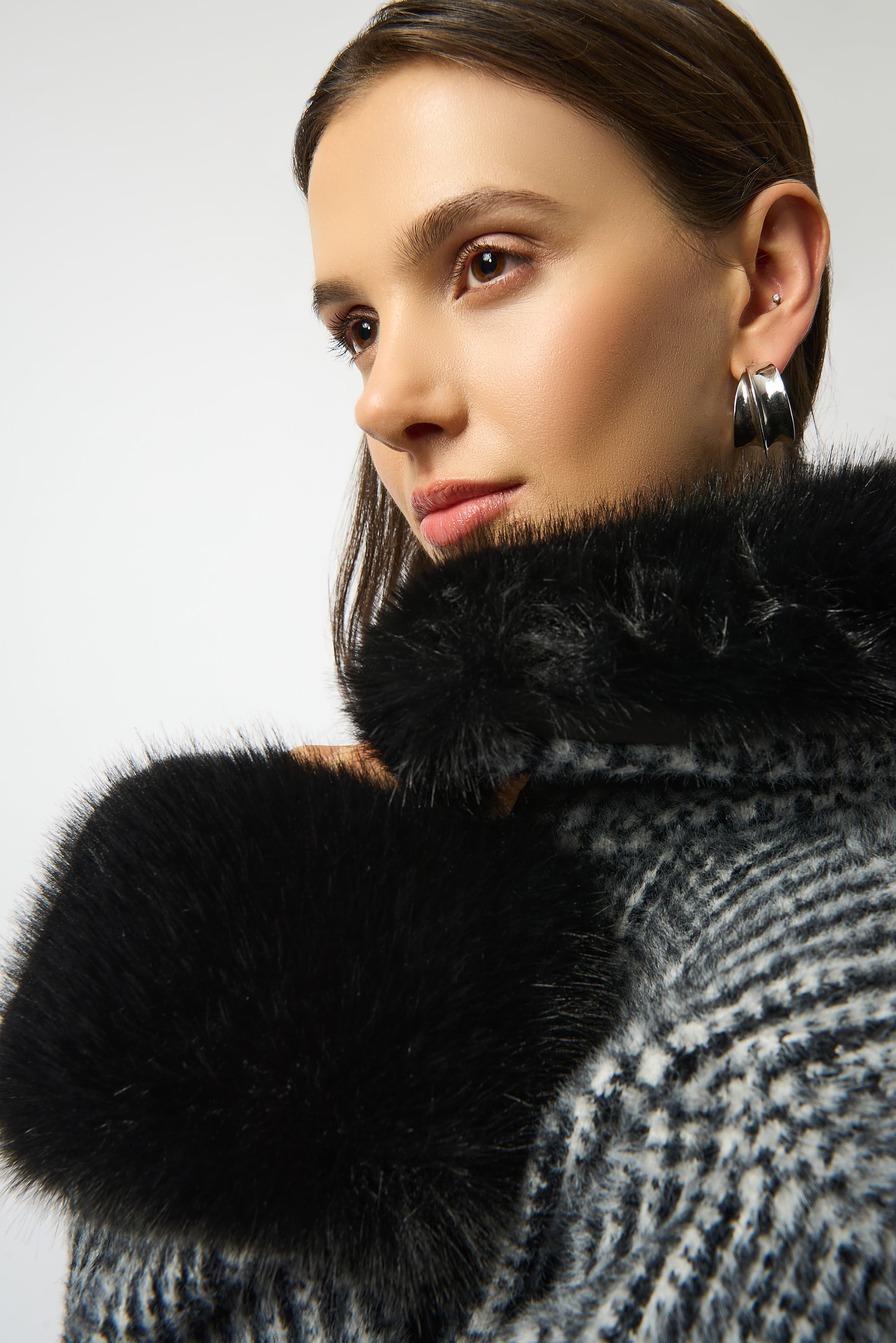 Plaid Knit Faux Fur Trim Coat