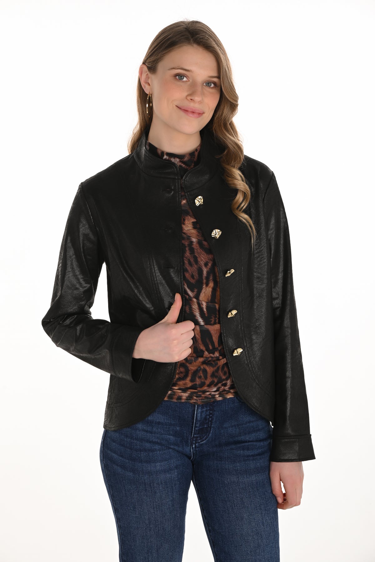 Faux Leather Button Front Jacket | Bellissima West