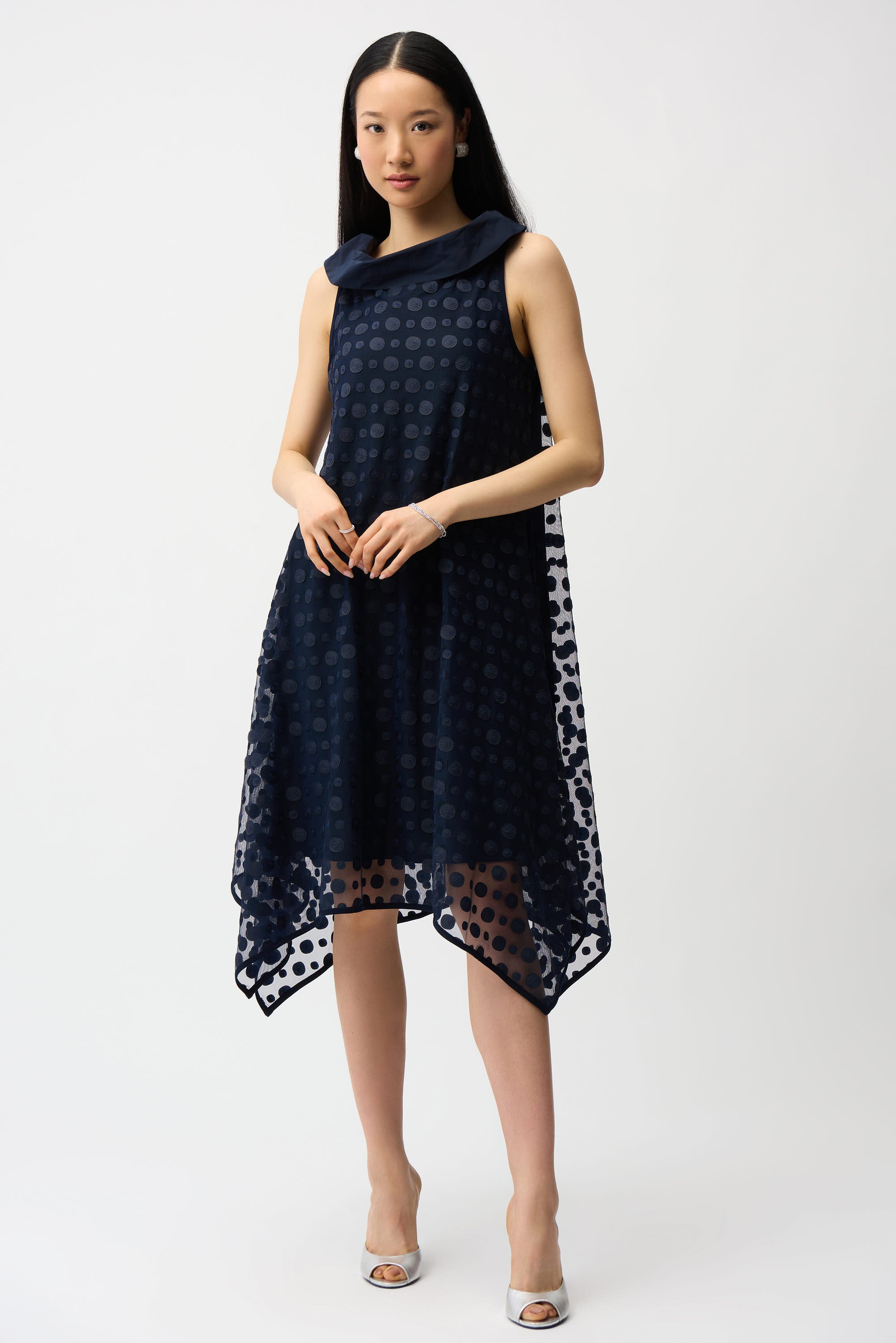 Dot Print Taffeta Cowl Neck Midi