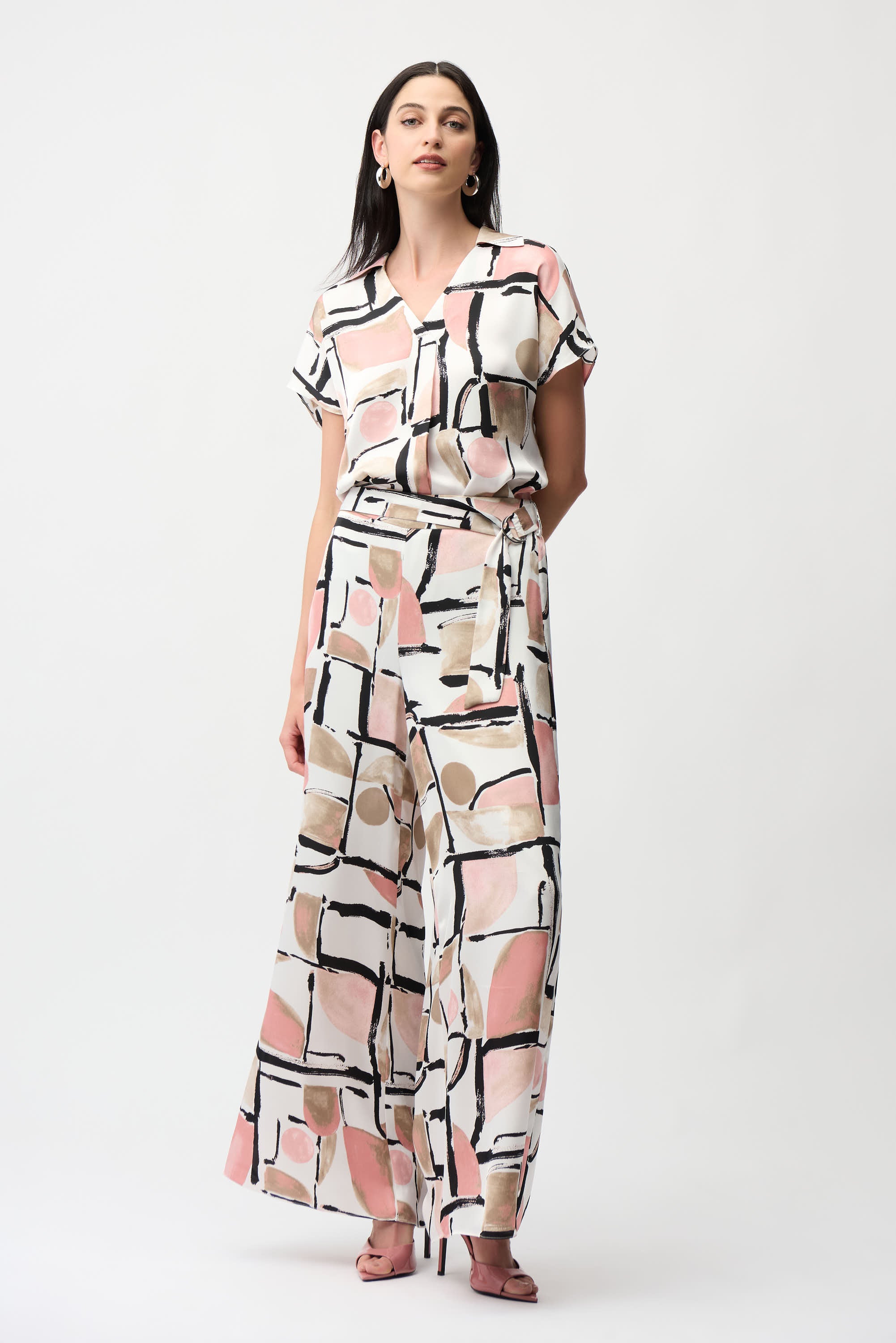 Abstract Print Satin V-neck Top