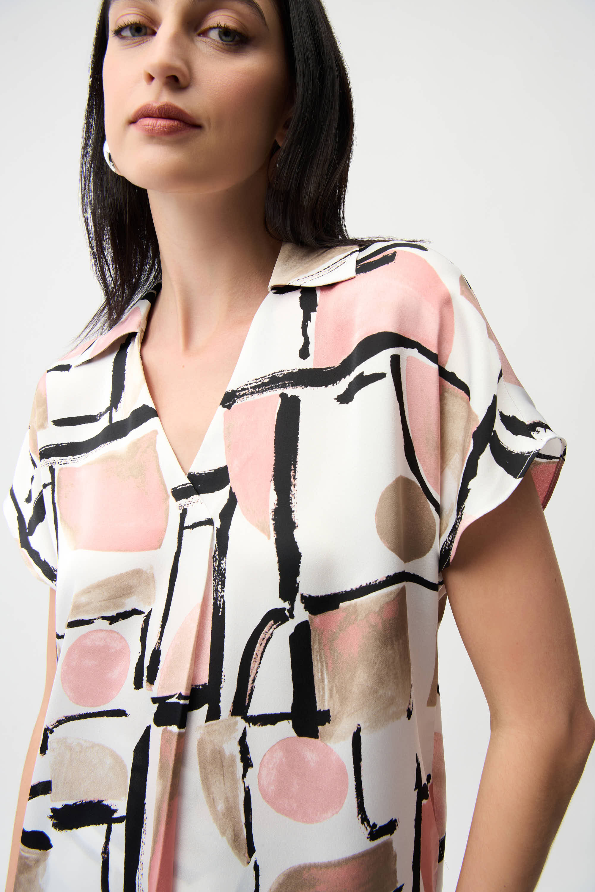 Abstract Print Satin V-neck Top